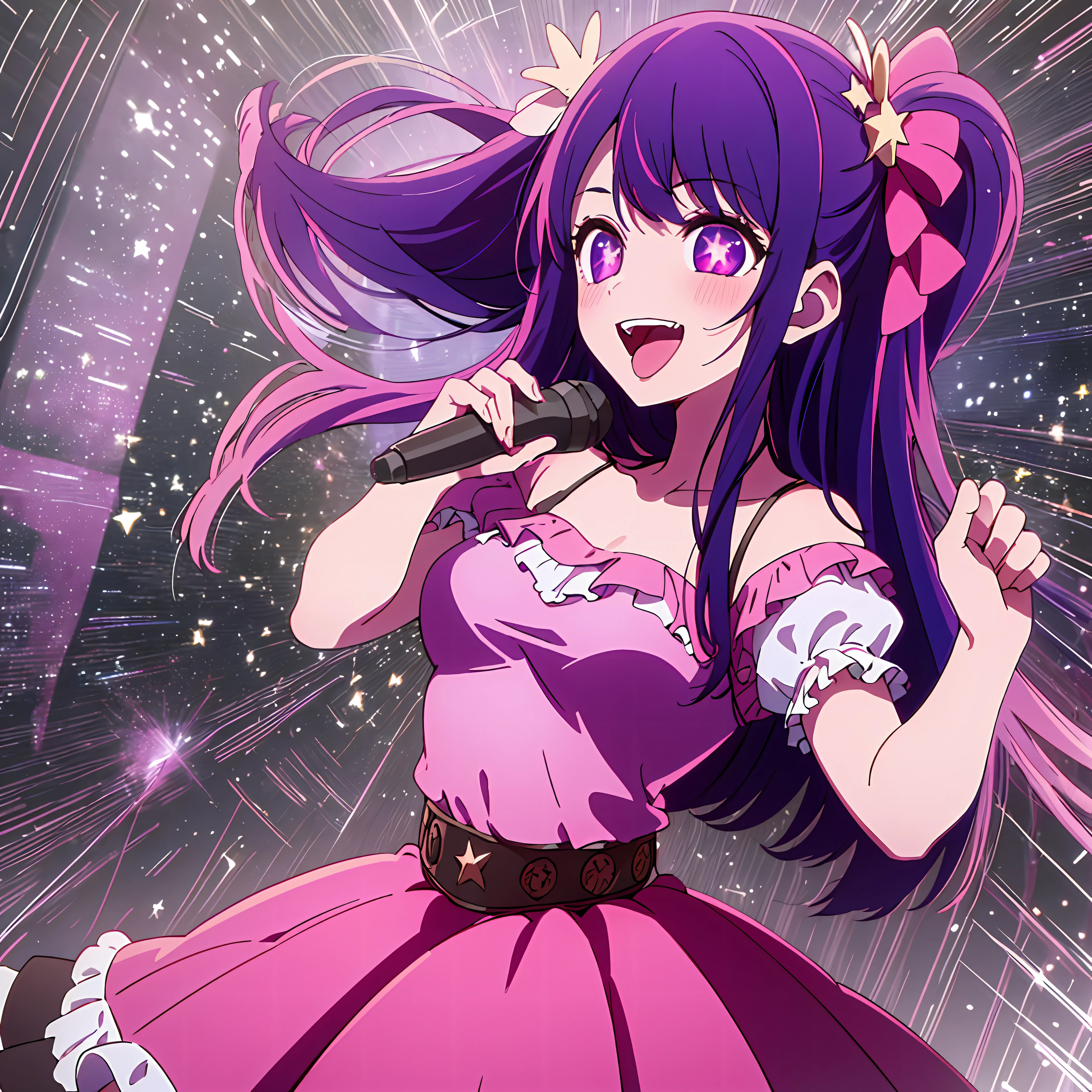 Masterpiece, highly detailed, (1 girl: 1.2), purple hair, pink dress, star eyes, big eyes, close-up, bust, starry sky, dancing, (tongue sticking: 1.2), smile, right finger to screen, left hand holding microphone, 8k