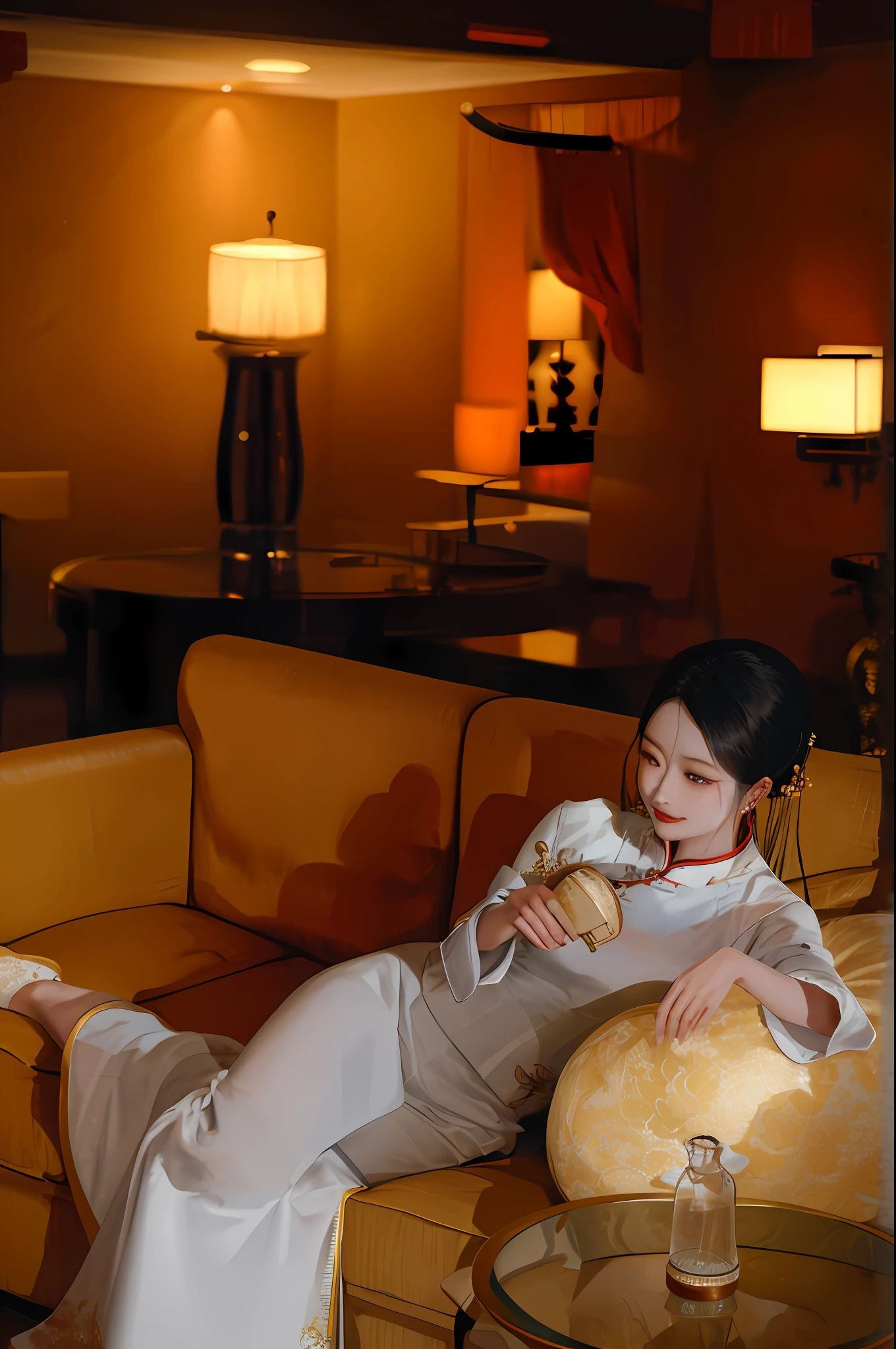 woman in white dress laying on a couch in a hotel room, sha xi, inspired by Cheng Jiasui, inspired by Qian Du, inspired by Zhang Shuqi, lulu chen, inspired by Wang Lü, inspired by Wang Guxiang, ao dai, inspired by Gu An, inspired by Liu Haisu, inspired by Wang Meng, inspired by Jiang Tingxi