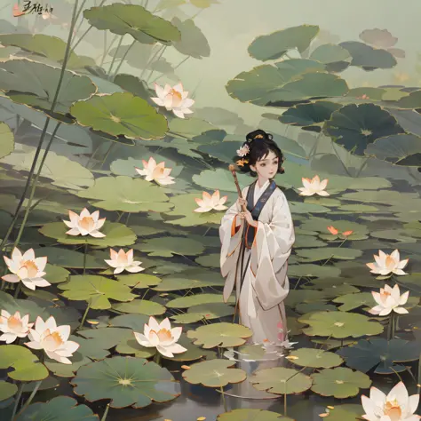 Lixia solar term illustration, Chinese solar terms, gradient background, little girl in lotus flower in lotus pond, lotus flower...