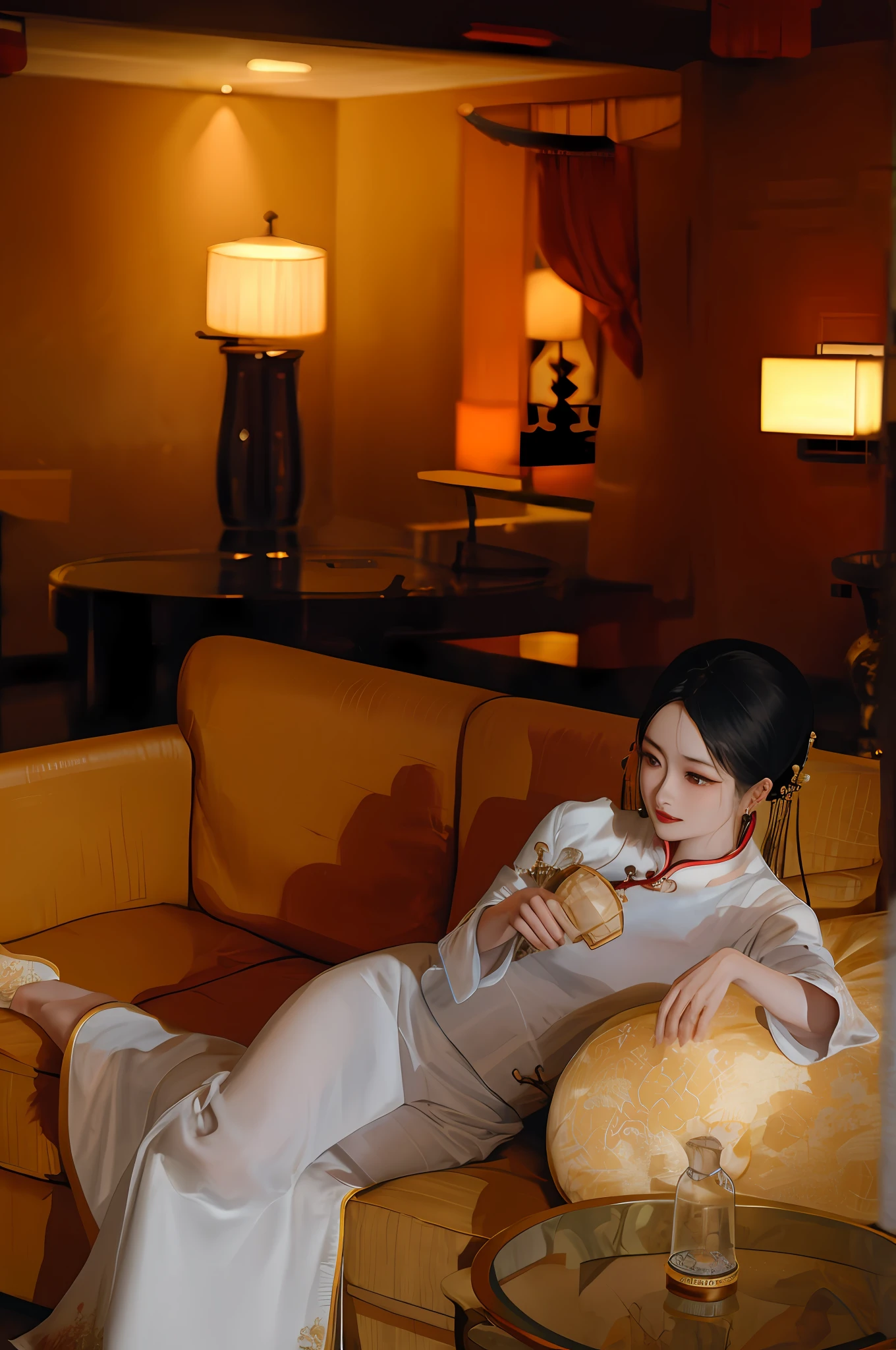 Woman in white dress lying on sofa in hotel room, Shaxi, inspired by Cheng Jiasui, inspired by Qian Du, inspired by Zhang Shuqi, Chen Lulu, inspired by Wang Lu, inspired by Wang Guxiang, Ao Dai, inspired by Gu An, inspired by Liu Haisu, inspired by Wang Meng, inspired by Jiang Tingxi, perfect facial details, perfect hand details. Chinese style in the background