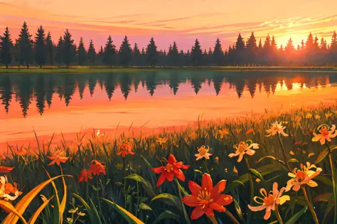 masterpiece,best quality,lycoris,flower field,depth of field,dusk,orange sky,sunset,glow,lake