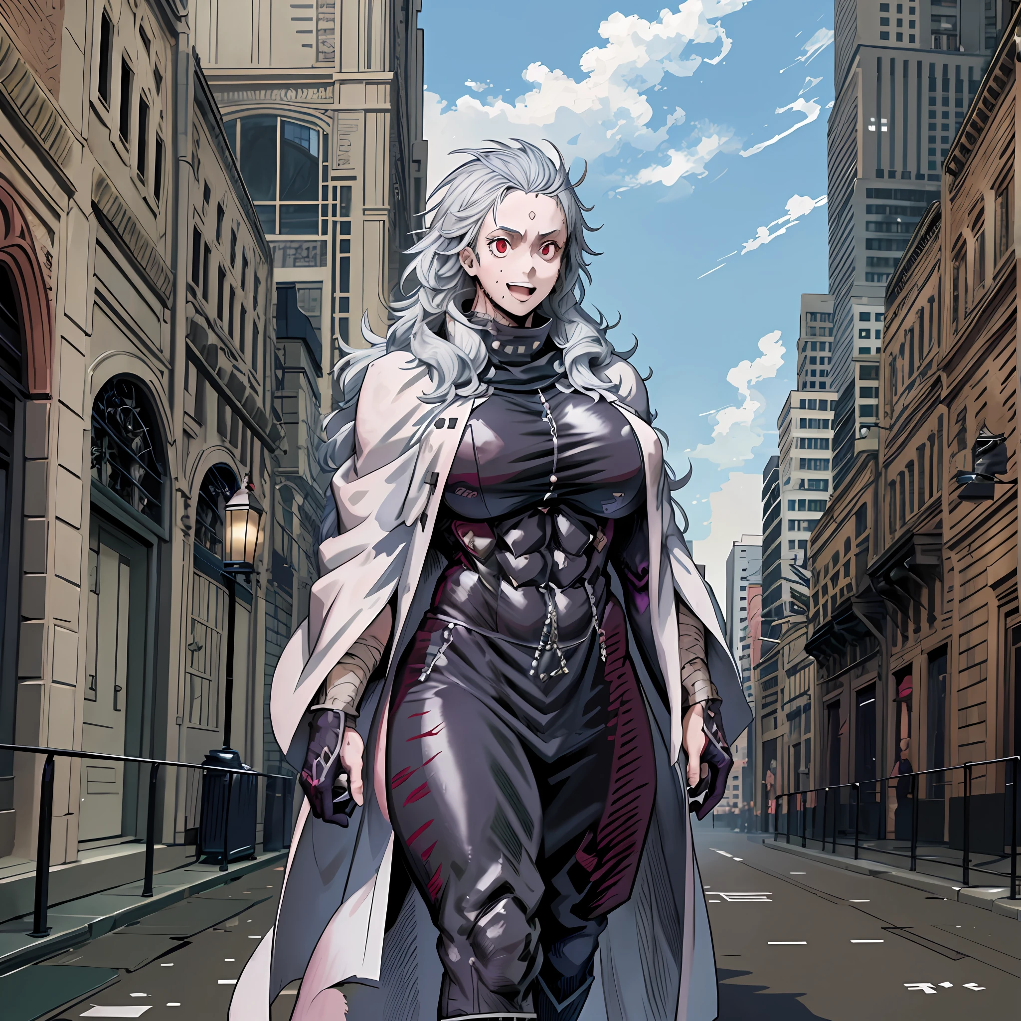 noi_dorohedoro, noi, garota musculosa, Peito enorme, mulher alta, sacerdotisa, Artes marciais, modest, totalmente vestido, bent, calça, capa, sacerdotisa, sagrado, andando, Sorriso, casaco, medieval, desmascarado, nun, capa,andando