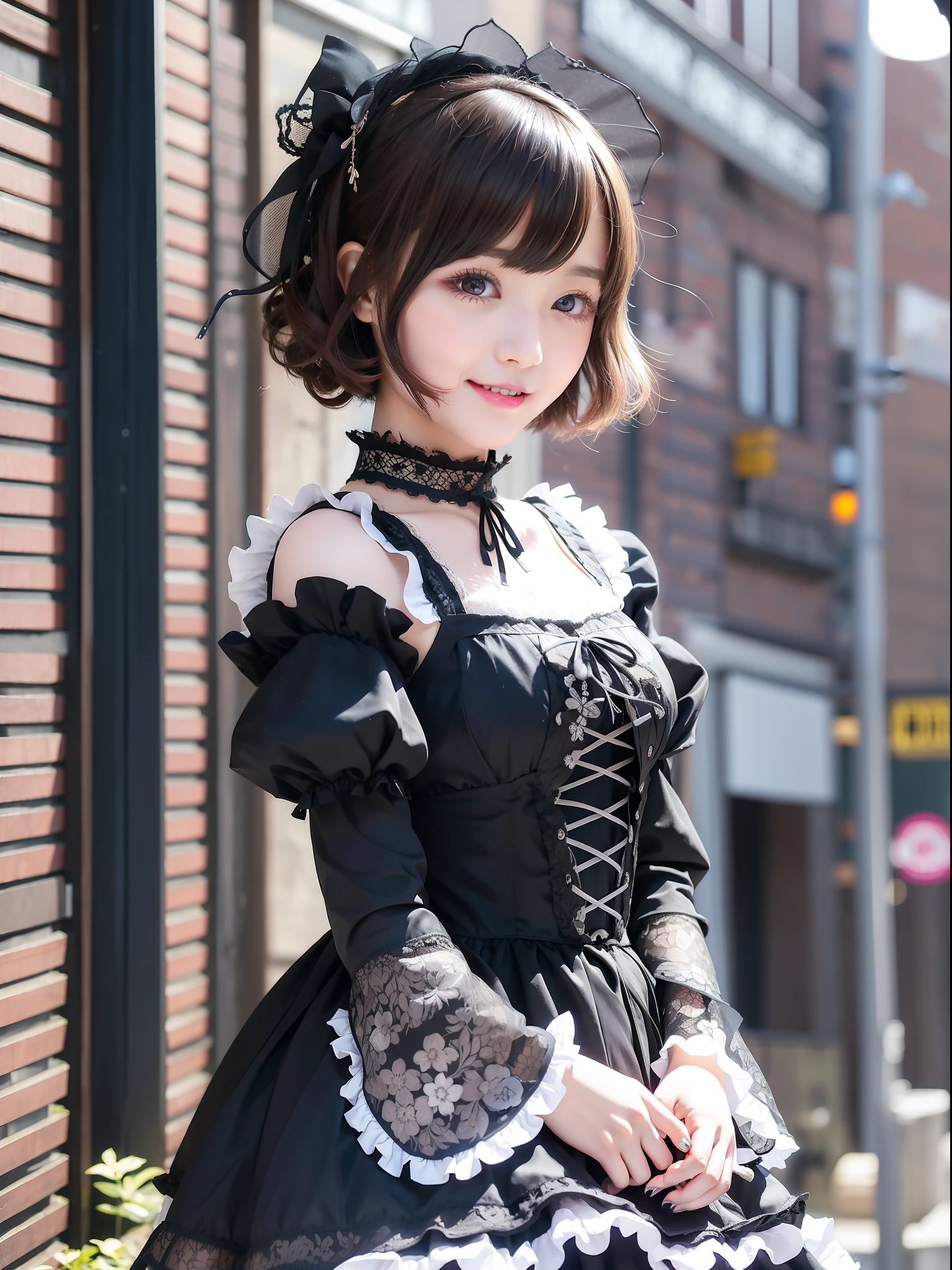 1 girl, solo, (short hair), japanese idol, perfect figure, beautiful eyes double eyelids, gothic lolita fashion, 26 years old, downtown like Harajuku, broad smile, upper body, blow a wind, slim body