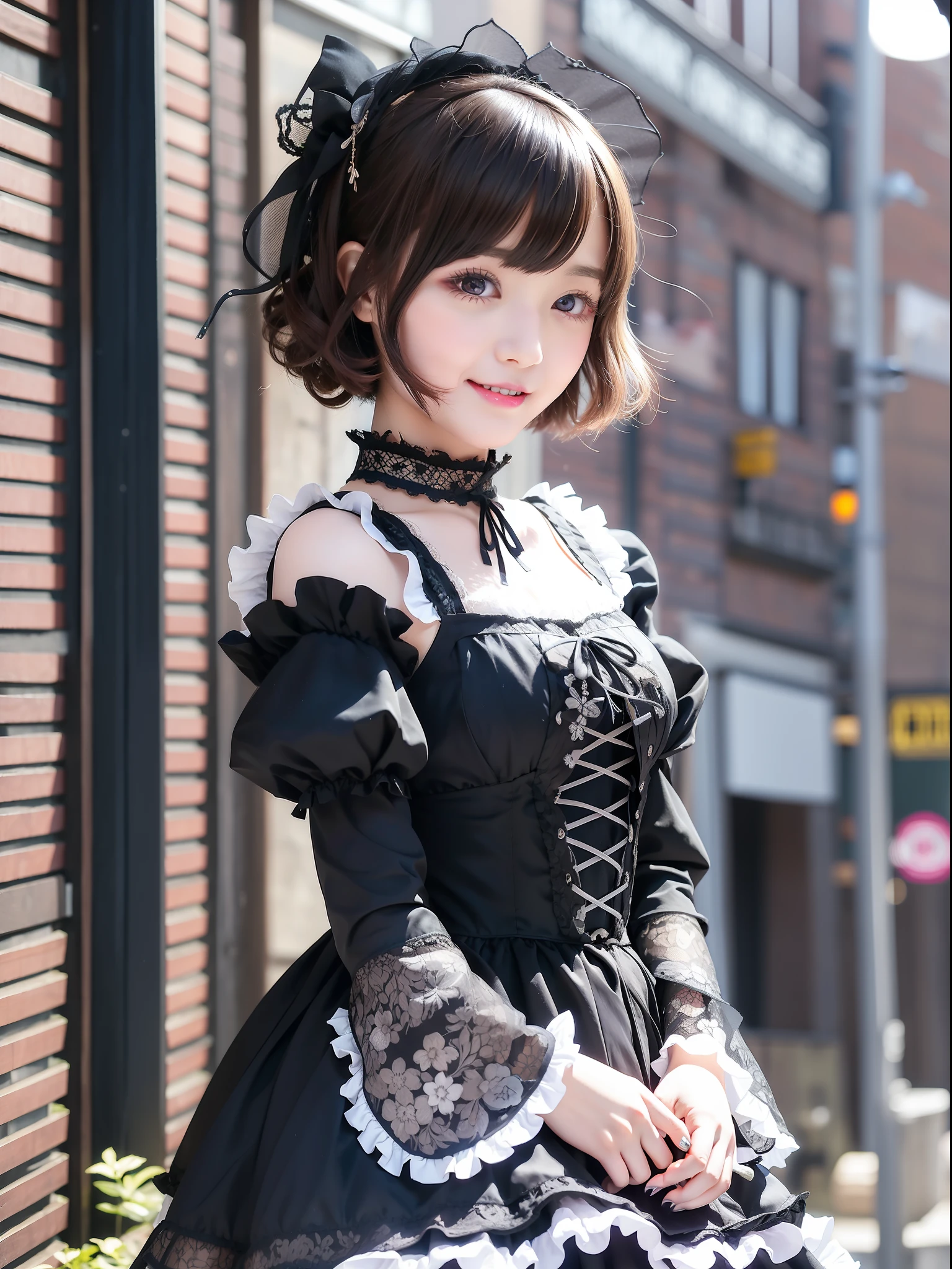 1 Mädchen, Allein, (kurzes Haar), Japanisches Idol, Perfekte Figur, Schöne Augen Doppelte Augenlider, Gothic Lolita Mode, 26 Jahre alt, Innenstadt wie Harajuku, Breites Lächeln, Oberkörper, einen Wind wehen, Schlanker Körper