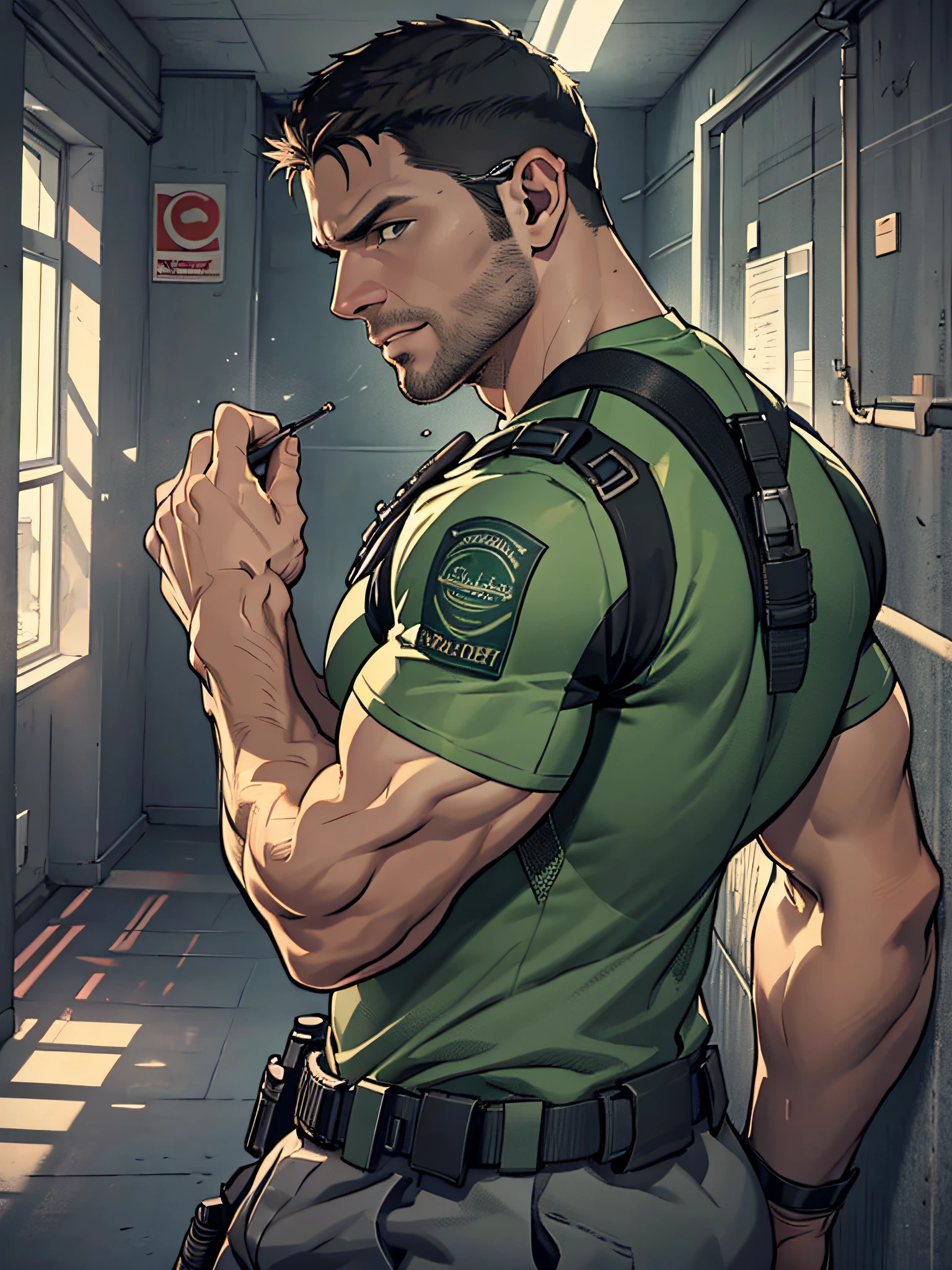 1 man, solo, 35 year old, Chris Redfield, wearing green T shirt, smirks, white color on the shoulder and a bsaa logo on the shoulder, millitary tactical suit, tall and hunk, biceps, abs, chest, best quality, masterpiece, high resolution:1.2, upper body shot, dark black gloomy hallway in the background, detailed face, shadow, volumetric lighting, center focus, low camera angle