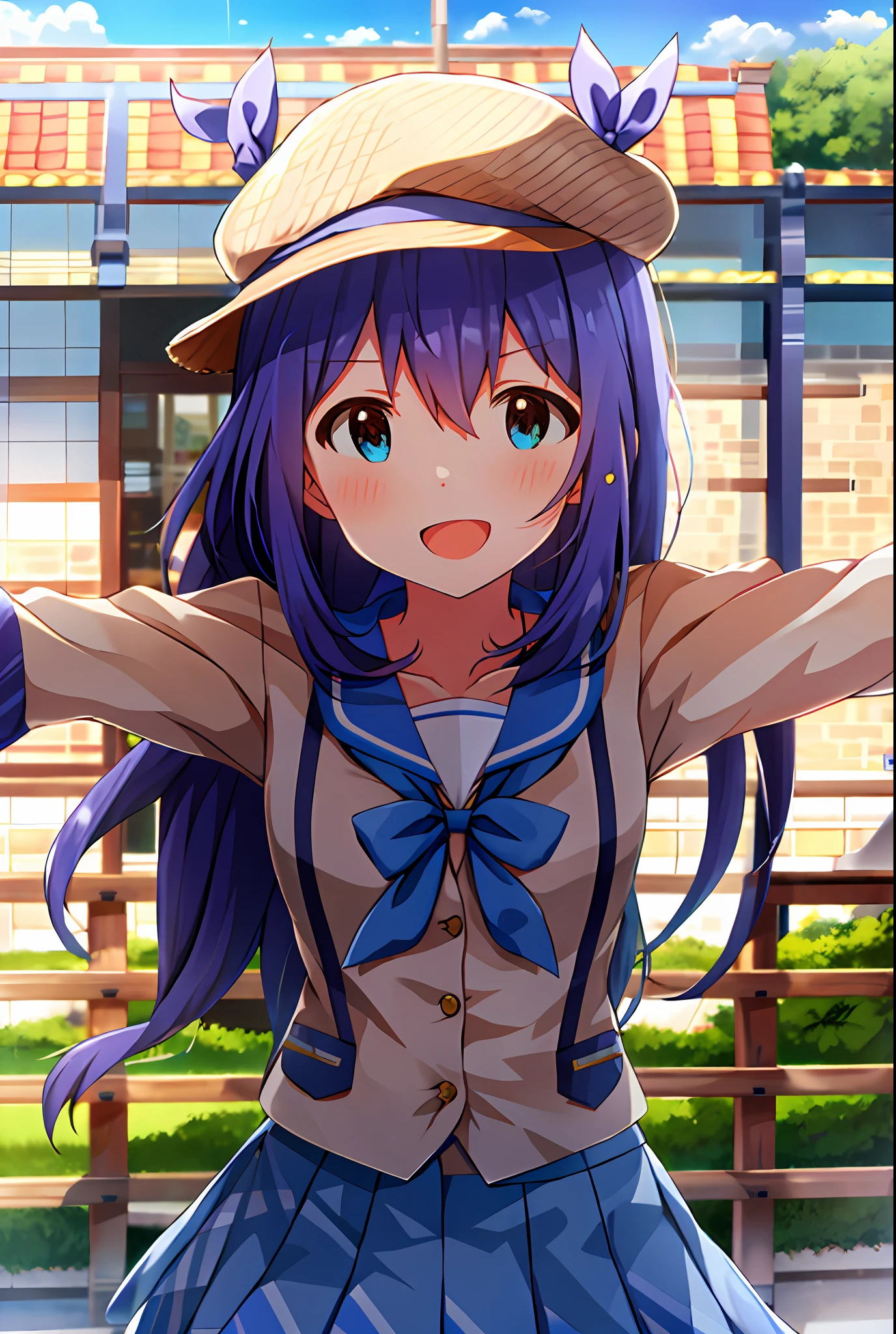 Anna Mochizuki (Million Live), Shiny Trinity \ (Costume), (Top Quality, 8K, Masterpiece, Super Detail: 1.2), Sea, Sun, Mottled Daylight, Blue Sky, Beautiful Clouds, 1 Girl, Solo, Skirt, Straight Face, V, View Viewer, White Sailor Color, Blue Shirt, Sailor Color, Blue Skirt, Pleated Skirt, Short Sleeve, :d, Shirt, , Blush, Serafuk, Clavicle, Bow, Ribbon, blue bow.spread arms.chest.