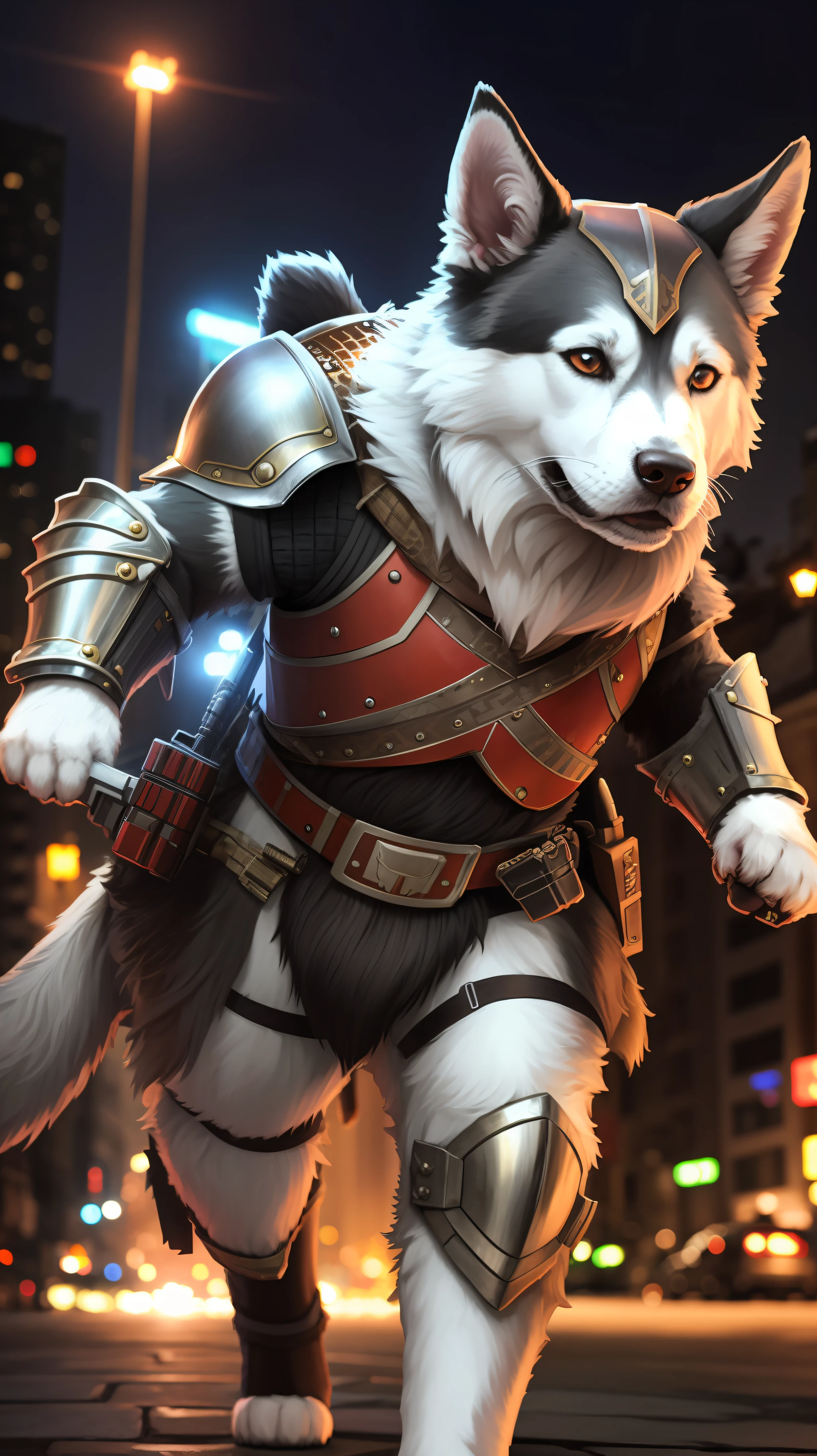 1身穿铠甲的毛茸茸的武士犬,勇敢而有枪,逼真的 8k,在夜晚的霓虹城市,明亮的颜色--自动--s2