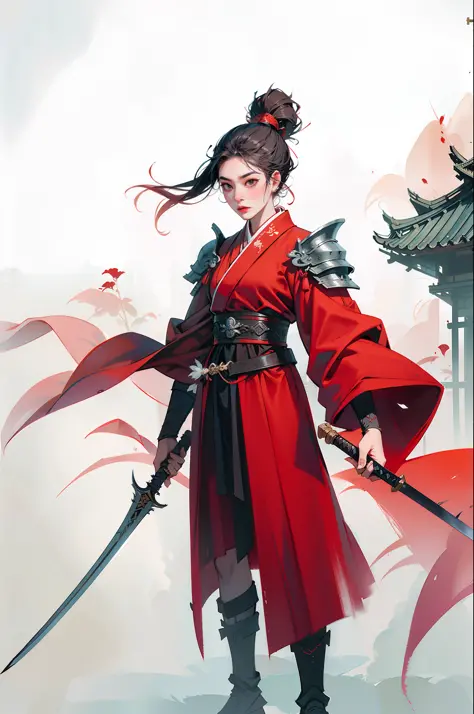 an ancient chinese female general with a sword in her hand, grim expression, full body, clear facial features, amazing facial fe...