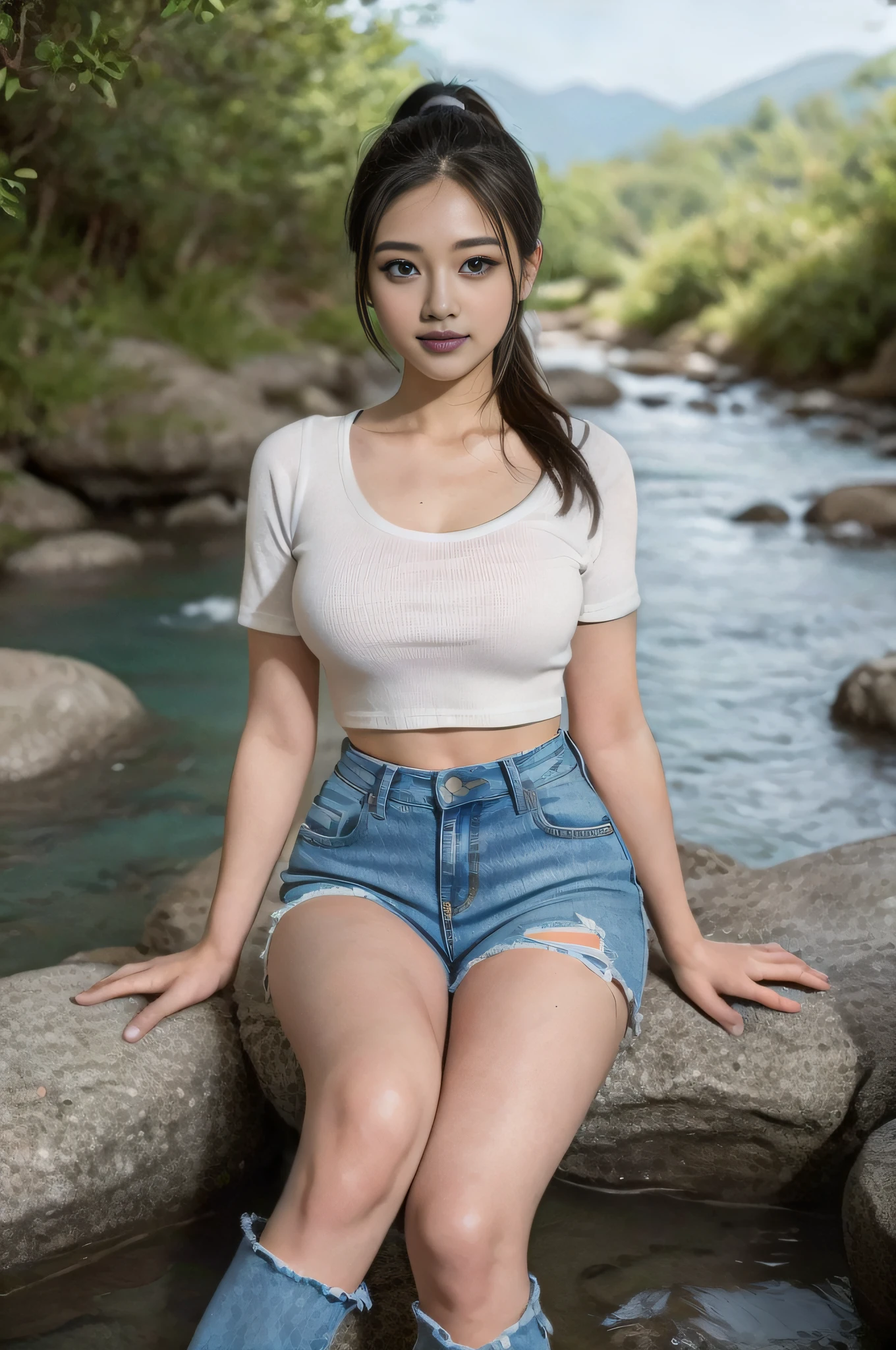 Beautiful Japanese girl by the stream at the foot of the mountain, realistic, photorealistic, 8k HD, masterpiece: 1.5, angle lens, center view, Arad Asian woman in crop top tight long jeans and cream shirt, background: 1.5 (at the foot of the mountain, by the stream, sitting in the stream), cute schoolgirl, slim and perfect, ( Fashionable high ponytail fluffy short straight hair: 1.2, brownish yellow, layering: 1.2, realistic), Japanese 18 year old girl wearing long skinny jeans, Wearing ripped skinny long jeans (low rise crop top, micro-flared, trousers: 1.5), (ripped jeans: 0.6), (branded jeans: 1.5, realistic detailed jeans texture and stripes: 1.3, realistic detailed jeans graininess: 1.3), surreal schoolgirl, dressed as schoolgirl, surreal schoolgirl, realistic schoolgirl,  posing, whole body: 1.5, beautiful skin, glowing skin, beautiful thighs, perfect thighs, perfect calves, white and tender toes, beautiful breasts:1.5,Pretty breasts:1.5,Buttocks:1.5,Best quality, White skin, Real skin, (Detail face), Goose egg face, Pores, Ultra resolution, (8k, RAW photo, photorealistic:1.4), 1girl, slim, (smile, show teeth: 1.2, look at the audience with a serene goddess of eyes happiness: 1.2), ( Stylish high ponytail, fluffy straight hair: 1.2, lip gloss, Eyelashes, glossy face, best quality, super resolution, wide illumination, natural shadows), fair pink toes: 1.5, stiletto strap sandals: 1.5, shoot full body (1.5) --auto --s2