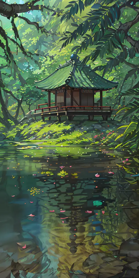 Chinese ancient times, spring, jungle, lake, cave, waterfall, tree, meadow, rock, deer, hot spring, water vapor, (illustration: ...