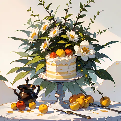 (Masterpiece: 1.2), (Best Quality: 1.2), Fruit, Juice, Magic Potion, Gourmet, Flowers, Cake, Colorful, Organized, Arranged, Whit...