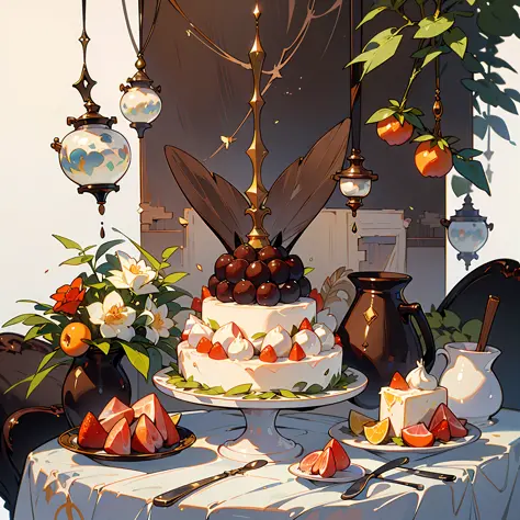 (Masterpiece: 1.2), (Best Quality: 1.2), Fruit, Juice, Magic Potion, Gourmet, Flowers, Cake, Colorful, Organized, Arranged, Whit...