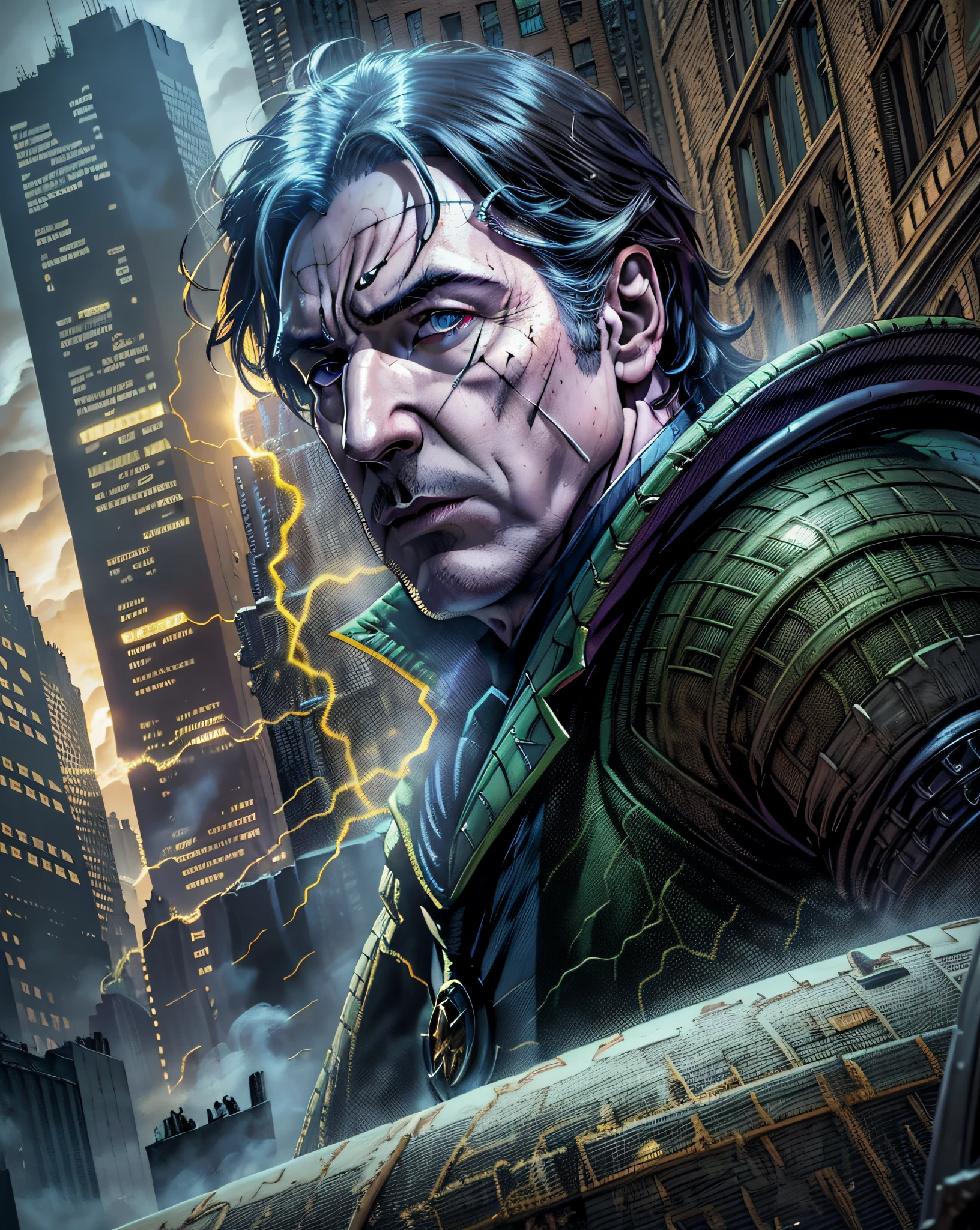 (masterpiece, best quality, realistic portrayal of Alan Rickman as the villain Loki in the Avengers),(dramatic lighting, intricate facial expression, a powerful and intimidating presence), cinematic, dark, action-packed, full of energy, background of New York City in ruins, destruction, smoke, and ash.