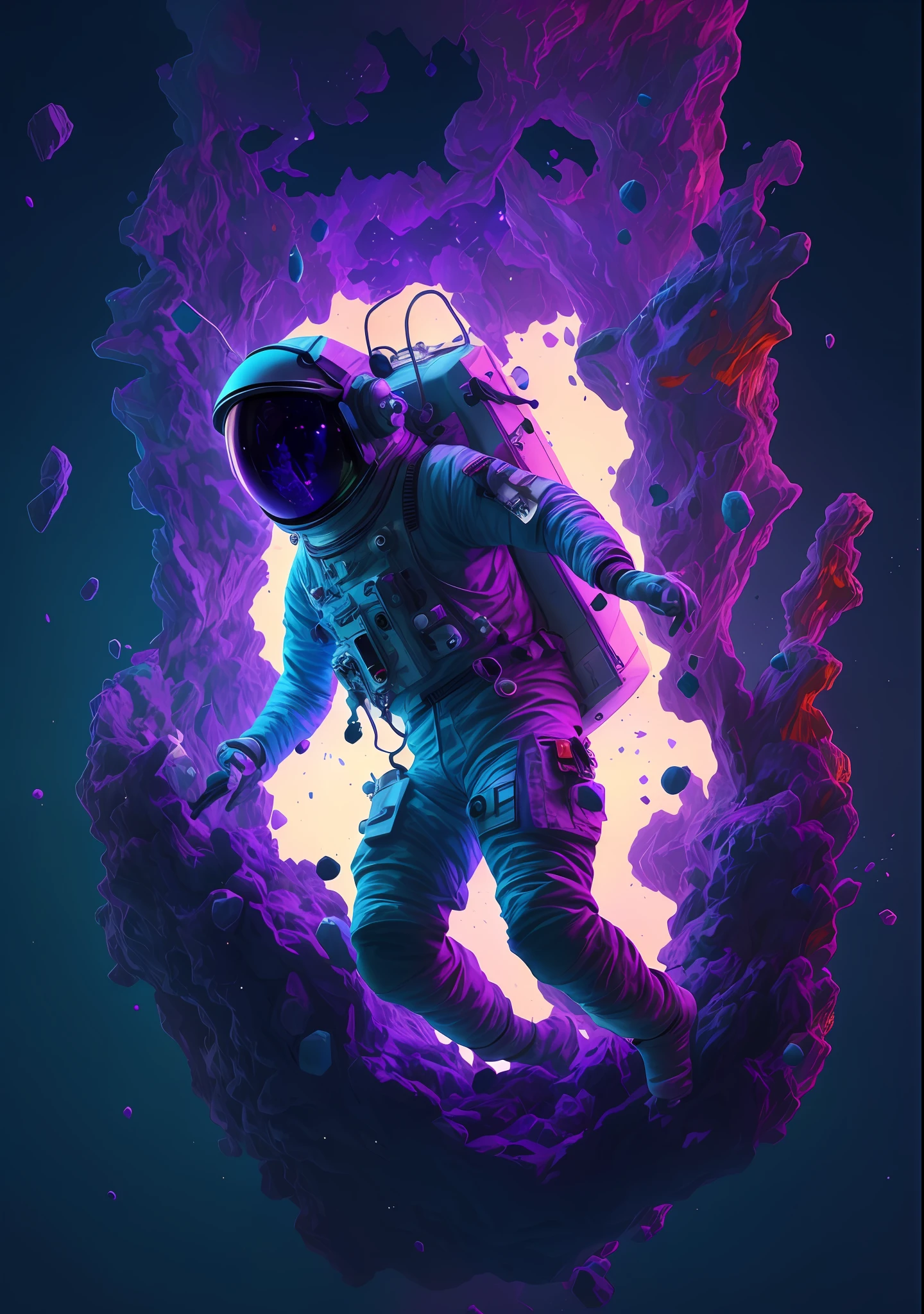 an astronaut floating in a purple and blue space with a purple and blue background, astronaut lost in liminal space,  astronaut, style hybrid mix of beeple, amazing space creature 4 k, astronaut below, detailed astronaut, beeple artwork, jen bartel, beeple daily art, 3 d render beeple, astronaut, 8k stunning artwork