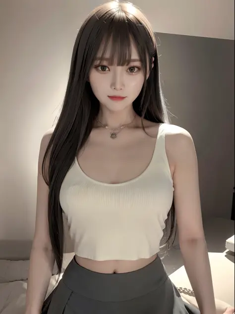 crop top hansohee, necklace, bangs, smile edge lighting, two-tone lighting, dim, understated, ultra-realistic realistic textures...