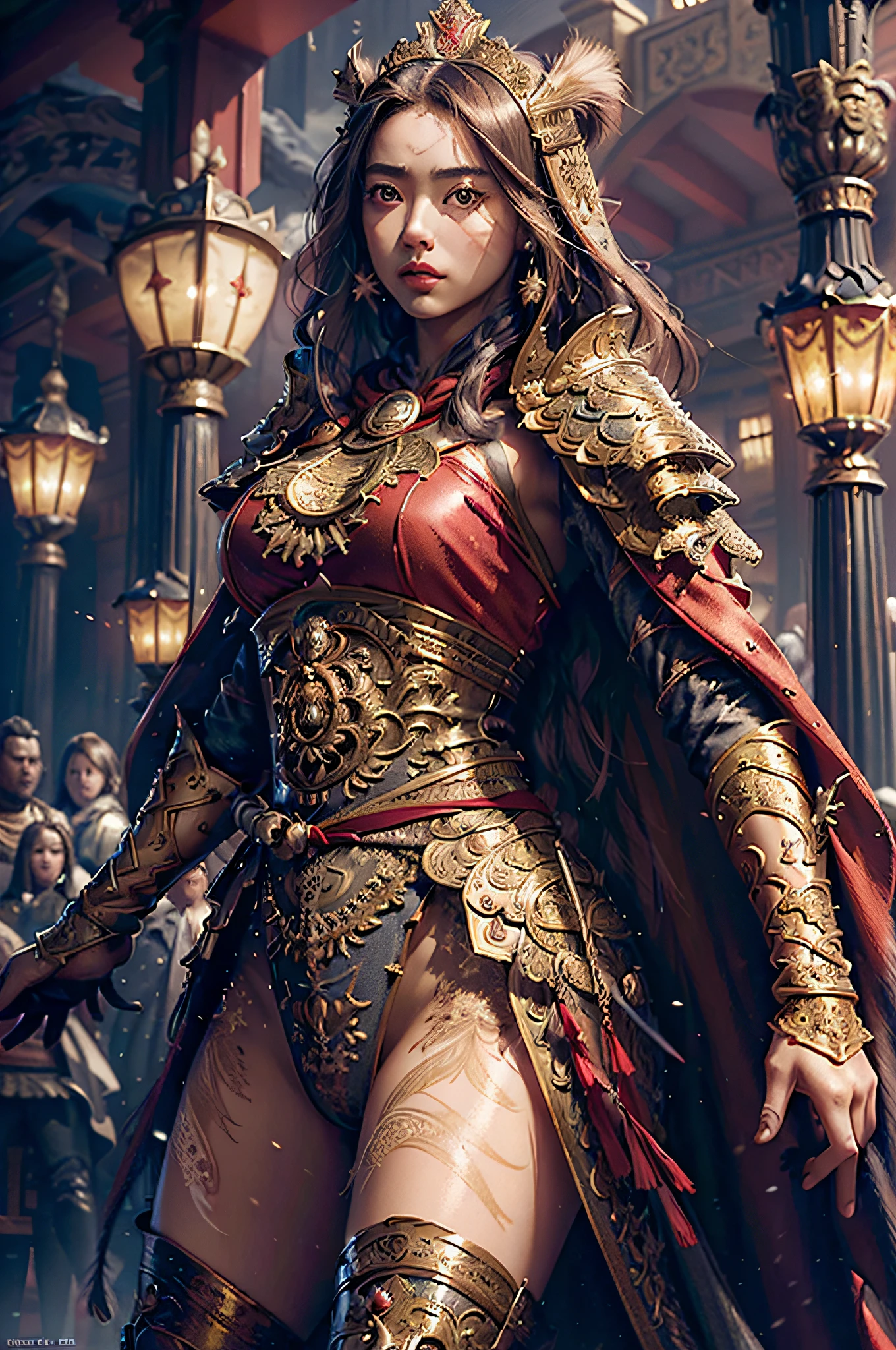 ((masterpiece))), (((best quality))), ((ultra-detailed)), (hyperrealistic), (highly detailed CG illustration), cinematic light, photorealistic ,extremely beautiful young lady, light makeup, big breast,  intricate detailed eaba, red cape, spear