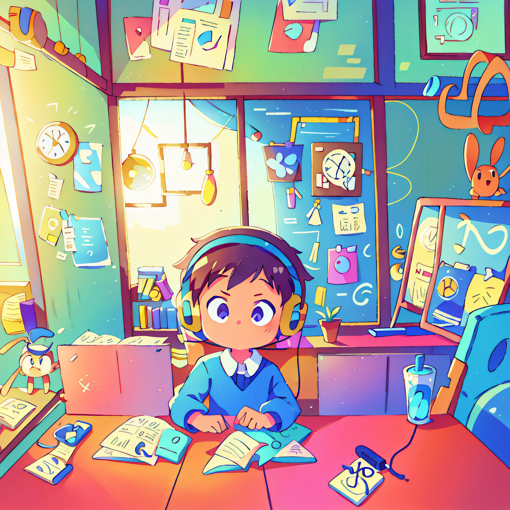 A little boy is facing the camera in front of the desk happily studying with headphones, front photo, a floor-to-ceiling window behind him, high-grade color scheme, children's flat illustration, 16K, high quality