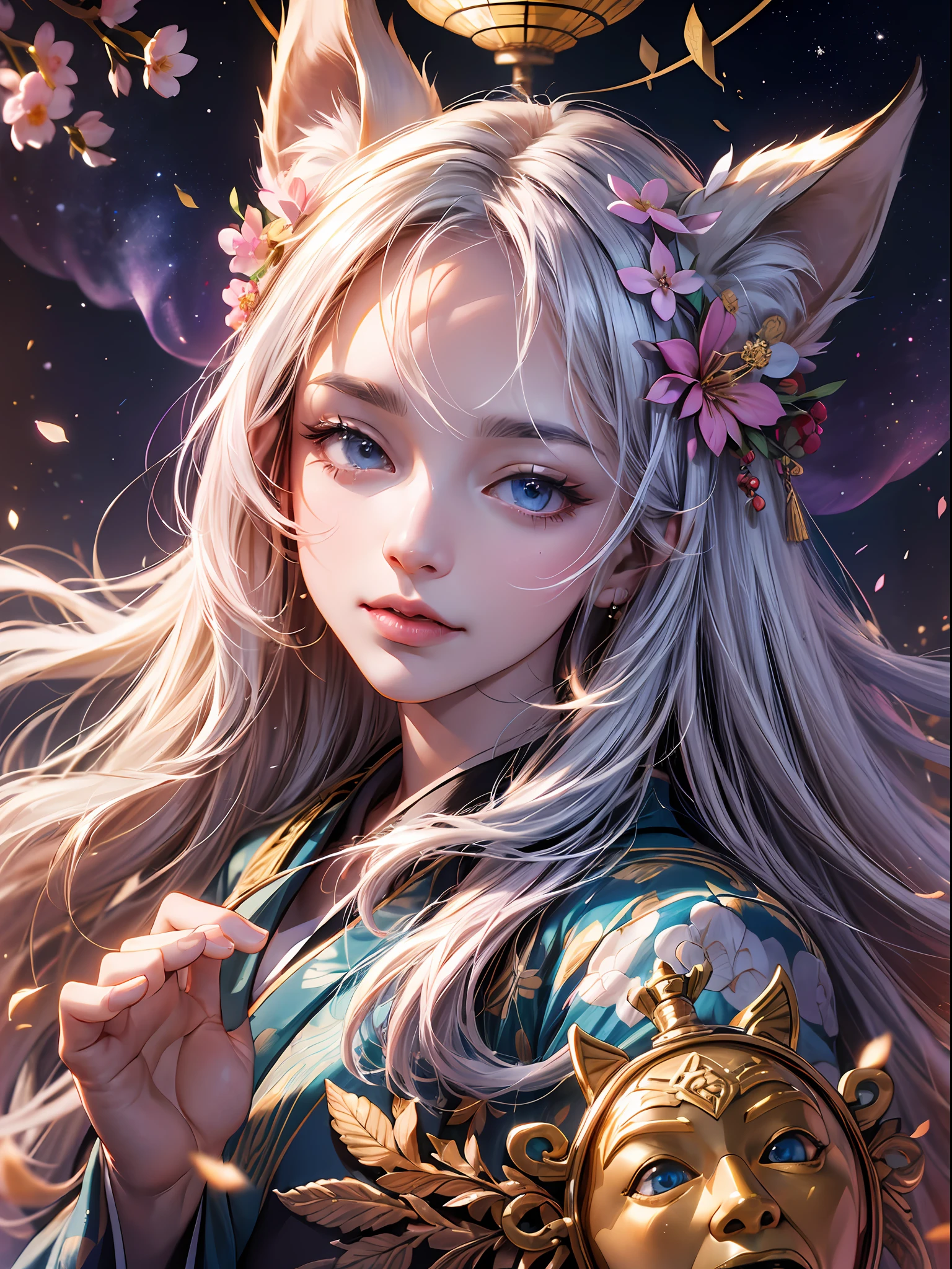 (absurdres, highres, ultra detailed), close-up of face, emphasis on face, focus on face, one woman, mature woman, aged, long straight hair, shiny beautiful hair, blue eyes, bangs, long sleeves, finely drawn eyes and detailed face, eye highlights, hands without breaks, rich lighting, pale pink lips, highly detailed CG unified 8K wallpaper, intricate details, portrait, gazing, solo, half shot, finely drawn face, soft smile, dynamic pose, classical period, (Ancient Japanese Subject: 1.1), Japanese mythology, fox ears, Japanese Ruler, Blue Kimono, Floral Kimono, Ancient Themes, (Prosperous Civilization: 1.1), Moon in background, (Immaculate: 1.1) Shrine, Torii, Japanese landscape, Ancient city in background, Fox mask, Fantastic, Dreamy, Romantic, Light dancing, Lantern, Austere, Night, Darkness, Stars, Portrait, Cinematic lighting, Flower hair ornament, Dating, cherry blossom. --auto --s2