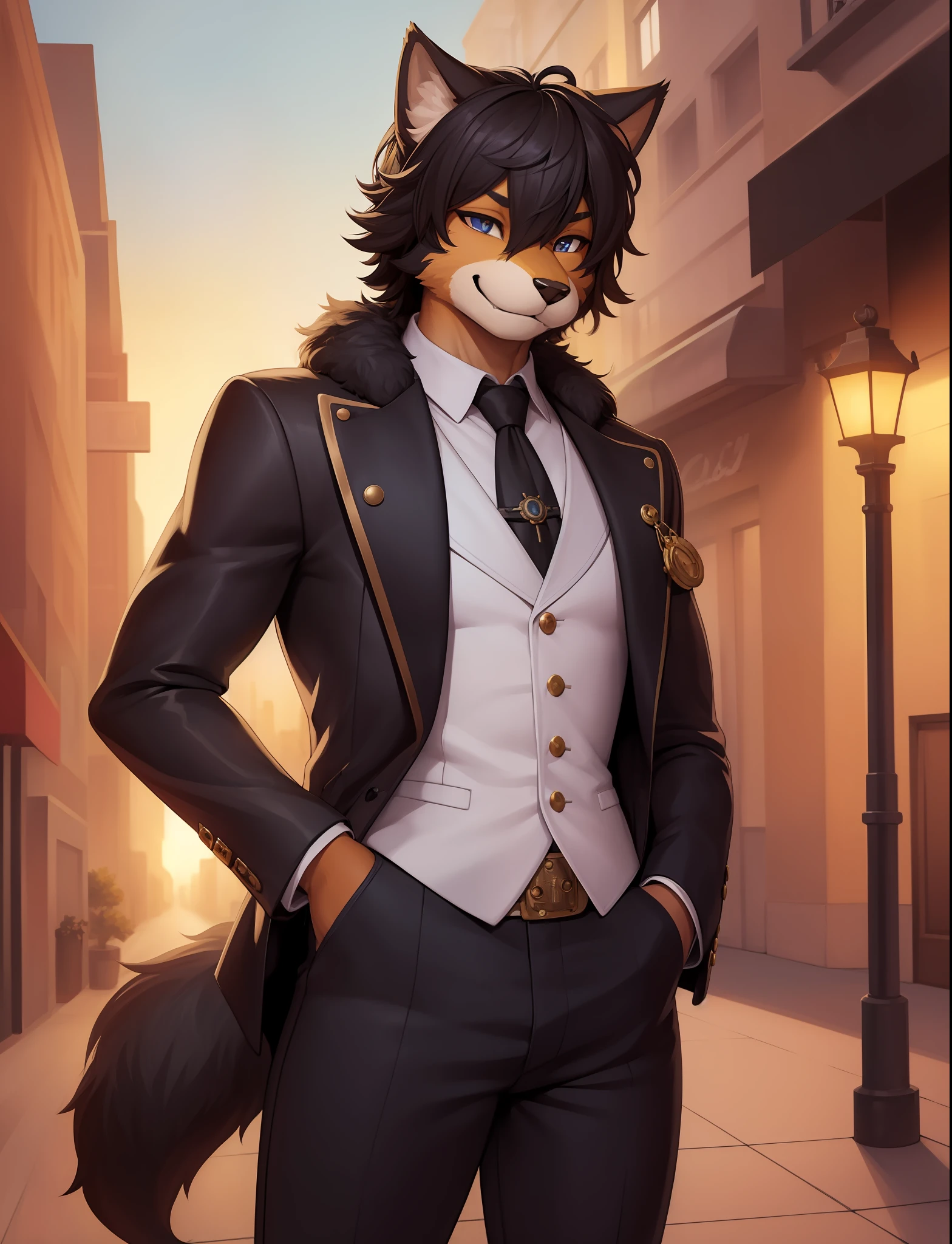 (furry art, uploaded on e621:1.4), 1boy, (solo_focus), (male:1.3) (furry:1.5) anthro, (upper body:1.3), on street, solo focus, detailed face, detailed eyes, (stylish haircut:1.4), detailed fluffy fur, fluffy tail, short hair, digitigrade, seductive pose, suit, fancy pants, digital painting, natural lighting, photorealistic (business suit:1.1), (smug face), smiling (cocky), steampunk