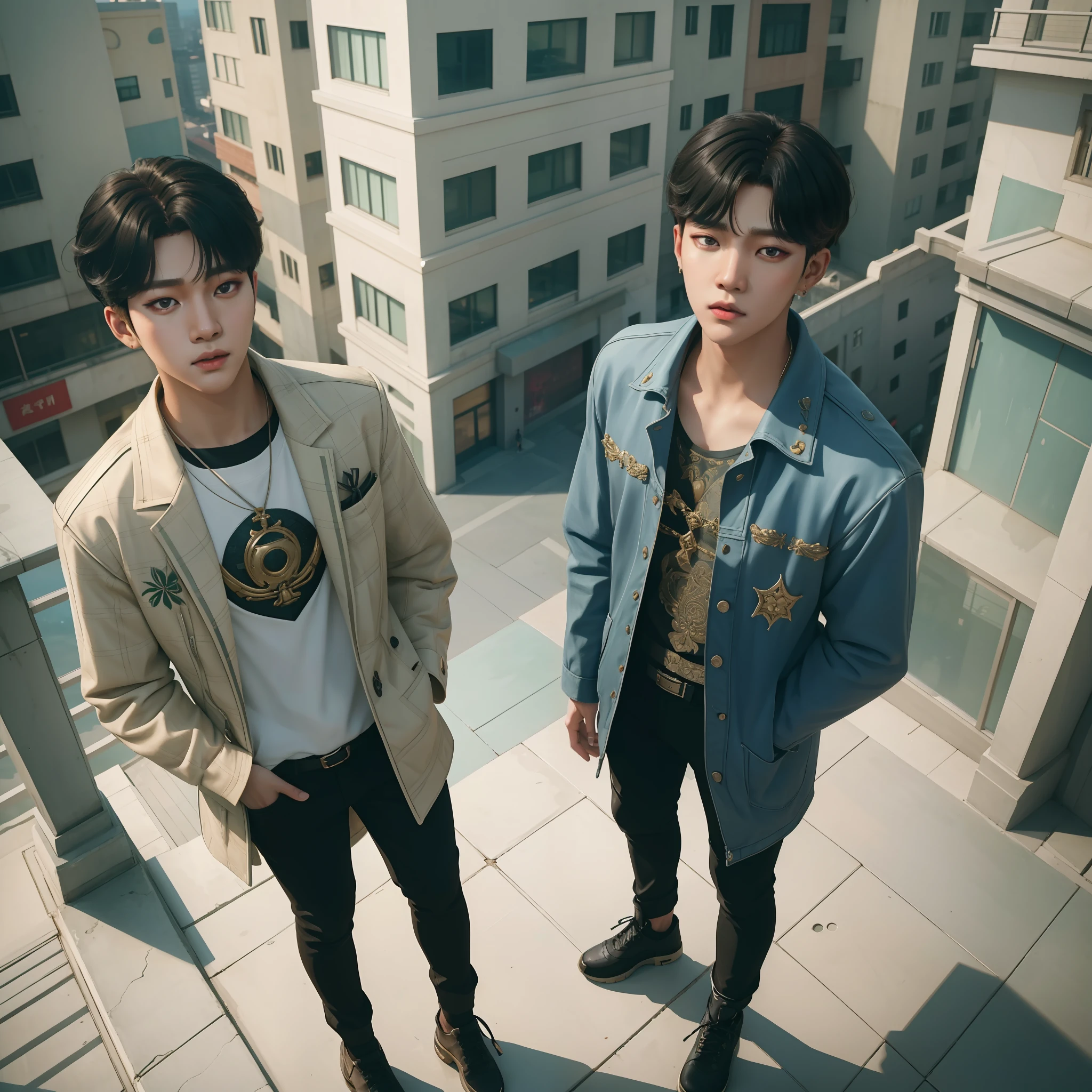 (Aerial view), dynamic angle, ultra-detailed, (standing), (full body), 1boy ((j-hope)) and 1boy ((taehyung)), a beautiful couple of Asian boys, short black hair, beautiful faces insipirado in idol, urban clothes, atmosphere, photorealistic, masterpiece, artwork, intricate details, 8k, nikon RAW photo, fujifilm XT3, best quality, high resolution