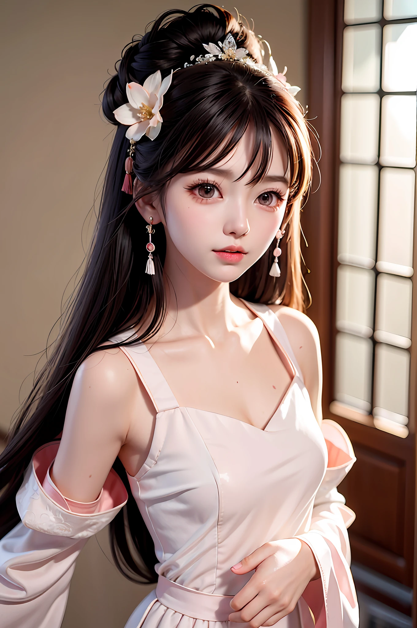 Gentle and charming Chinese beautiful woman, half-length photo, delicate and sexy collarbone, charming oval face, double eyelids, vivid peach blossom eyes, pink lips, small nose, bare shoulders, focused face, face close-up, ultra-high-definition, Super details, elegant standing posture, Korean style puff sleeve square collar slim short shirt, matched with high waist light-colored jeans suit