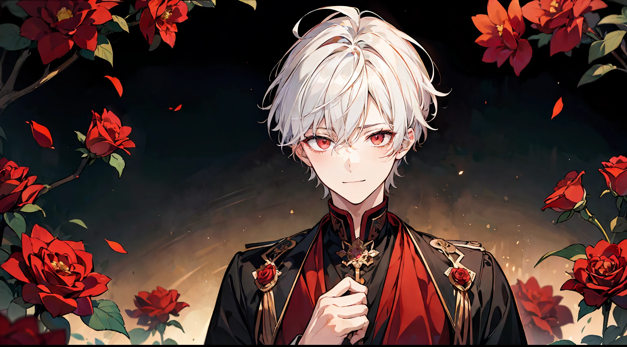 ((masterpiece)),(((best quality))), (high-quality, breathtaking),(expressive eyes, perfect face), short, young boy, short white hair, red eyes, smiling, black panties, shine, glow, red roses, bedroom, ai kotoba iv pose, up close, portrait, bright and colorful background, flowers