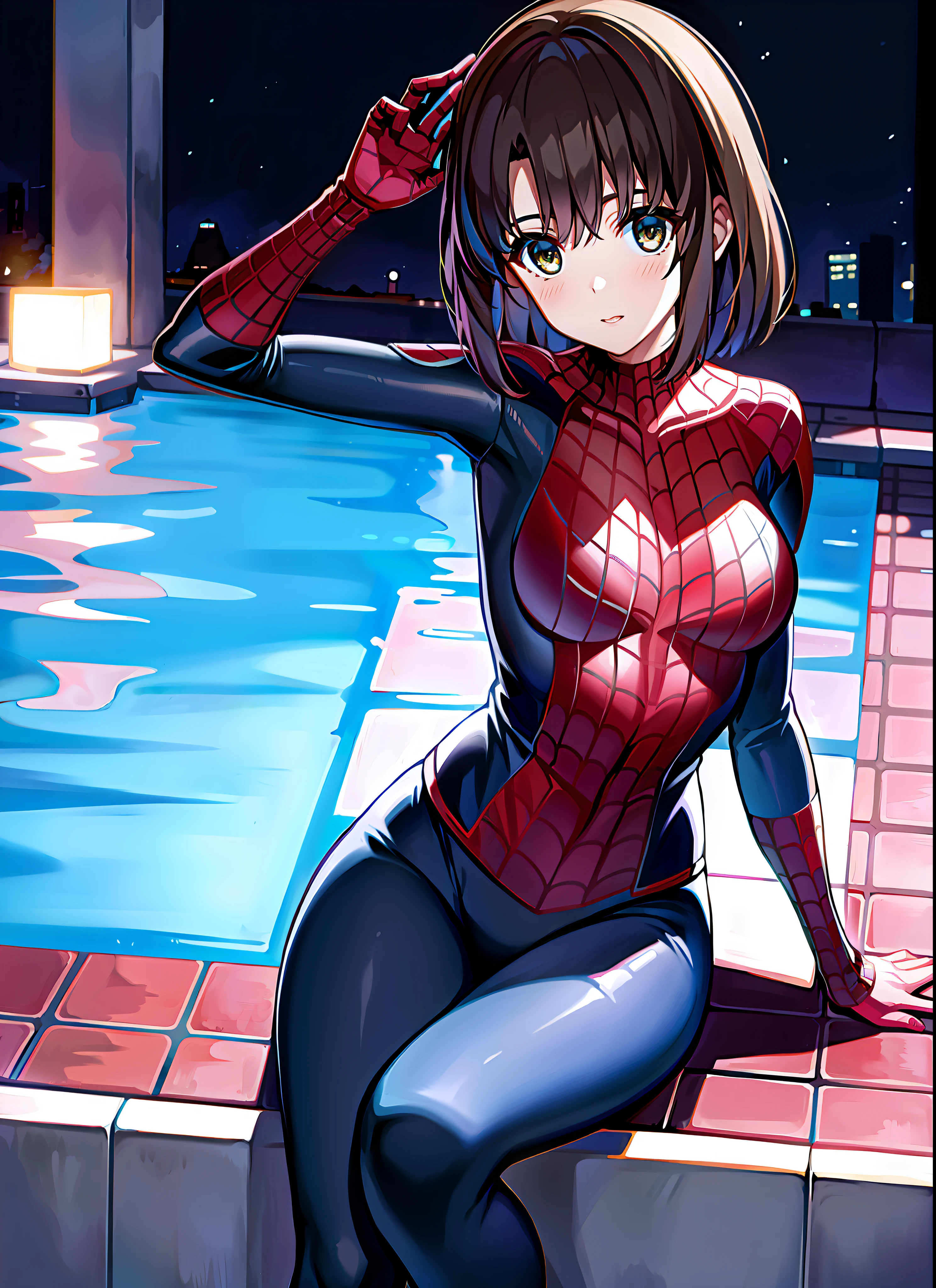 masterpiece, best quality, 8k, highres, 1girl, night, pool, neon, moon, seductive, spider suit,