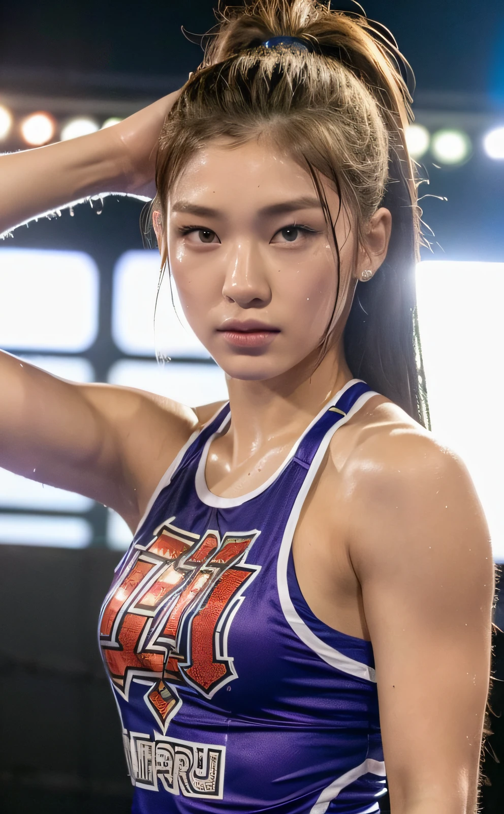 ((Top Quality, 8K, Masterpiece: 1.3)), Sharp: 1.2, Perfect Body Beauty: 1.4, Slim Abs: 1.2, ((Layered Hairstyles, Big: 1.2)), Wet: 1.5, Highly Detailed Face and Skin Texture, Detailed Eyes, Double Eyelids, Blonde, Fighting, Bullish, Muscles, Sweat, (Pro Wrestling: 1.3), Full Body Projection, Fighting Pose, Portrait photo of hot woman wearing college wrestling singlet, rope