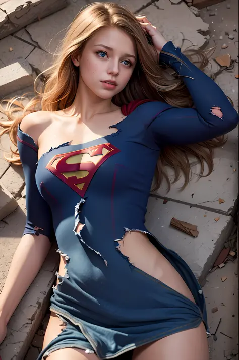 Melissa Benoist, 8k, best quality, real image, intricate details, ultra-detailed, ultra highres, depth field, (photorealistic, realistic: 1.2), masterpiece, photo of 1girl, supergirl, wounded, superhero, lying, back, realistic, super suit torn, (dirty, bru...