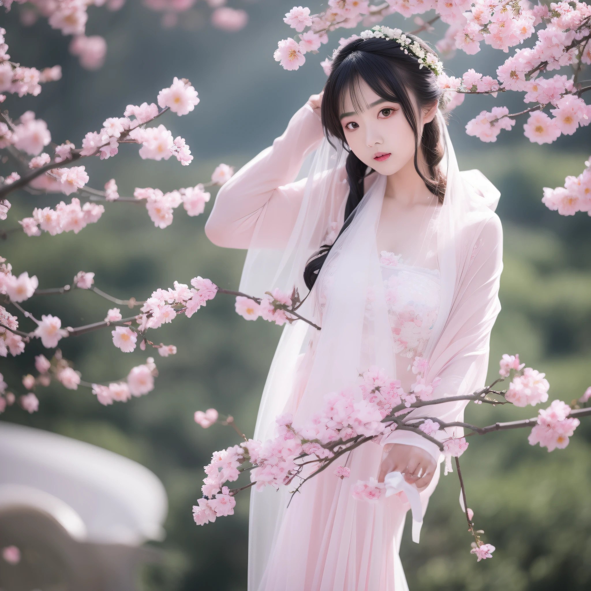 最佳质量，超高分辨率，（真实感：1.8），1girl，blue_sky，blurry，blurry_background，blurry_foreground，branch，bridal_veil，bride，cherry_blossoms，chinese_clothes，curtain_grab，窗帘，day，depth_of_field，flower，hanami，hanfu，lips，long_hair , outdoors, parted_lips, petals, pink_flower, pink_theme, plum_blossoms, shawl, solo, solo_focus, spring_\(season\), tree, upper_body, veil, wedding, wedding_dress, 紫藤花