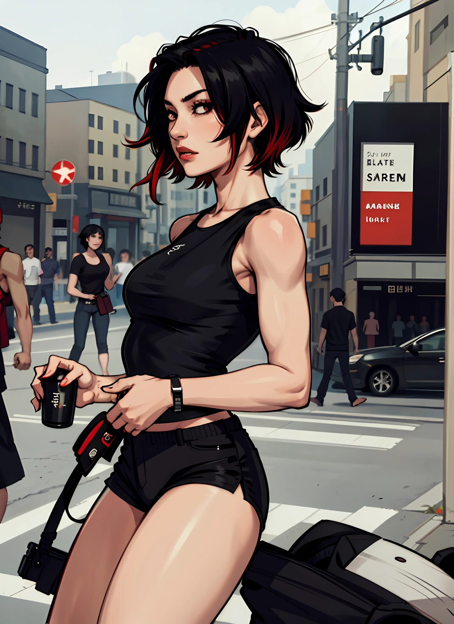 Beautiful woman, Asian, black sleeveless short t-shirt, black lag pants, black short hair with red locks, street style, ink, (solo), realistic, depth of field