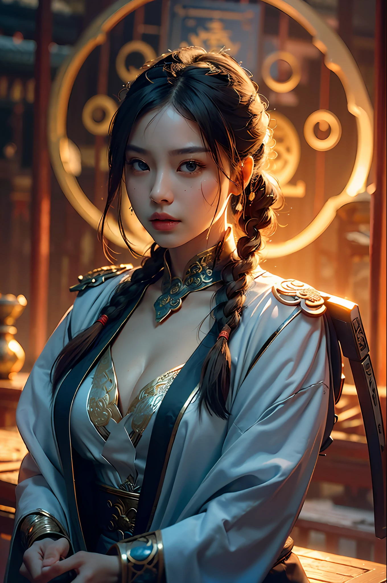 Best quality,masterpiece,ultra high res,(photorealistic:1.4),xiuxian,weapon,Detailed face,
1girl,solo,weapon,cleavage,(magic circle:1.2),xiuxian,upper body,Beautiful girl,full body,east asian architecture,sheath,architecture,