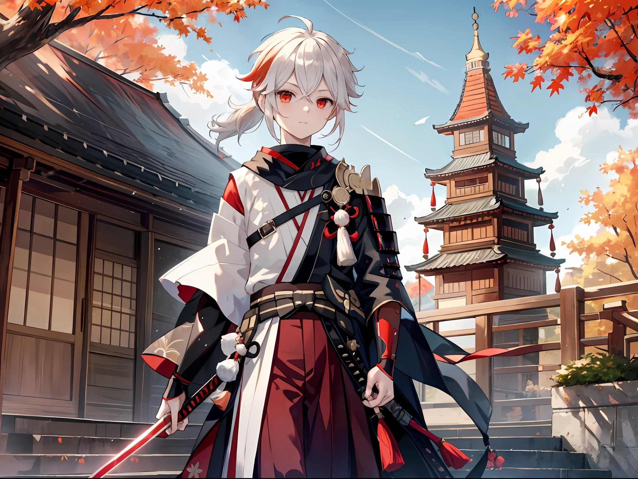 masterpiece, best quality, maple manyo, male focus, 1boy, solo, red eyes, bangs, multicolored hair, japanese clothes, striped hair, red hair, hair between the eyes, weapon, sword, armor, japanese armor, white hair, shut up, ponytail, outdoors, tassel, looking at the audience, castle tower, (kbxll:0.6)