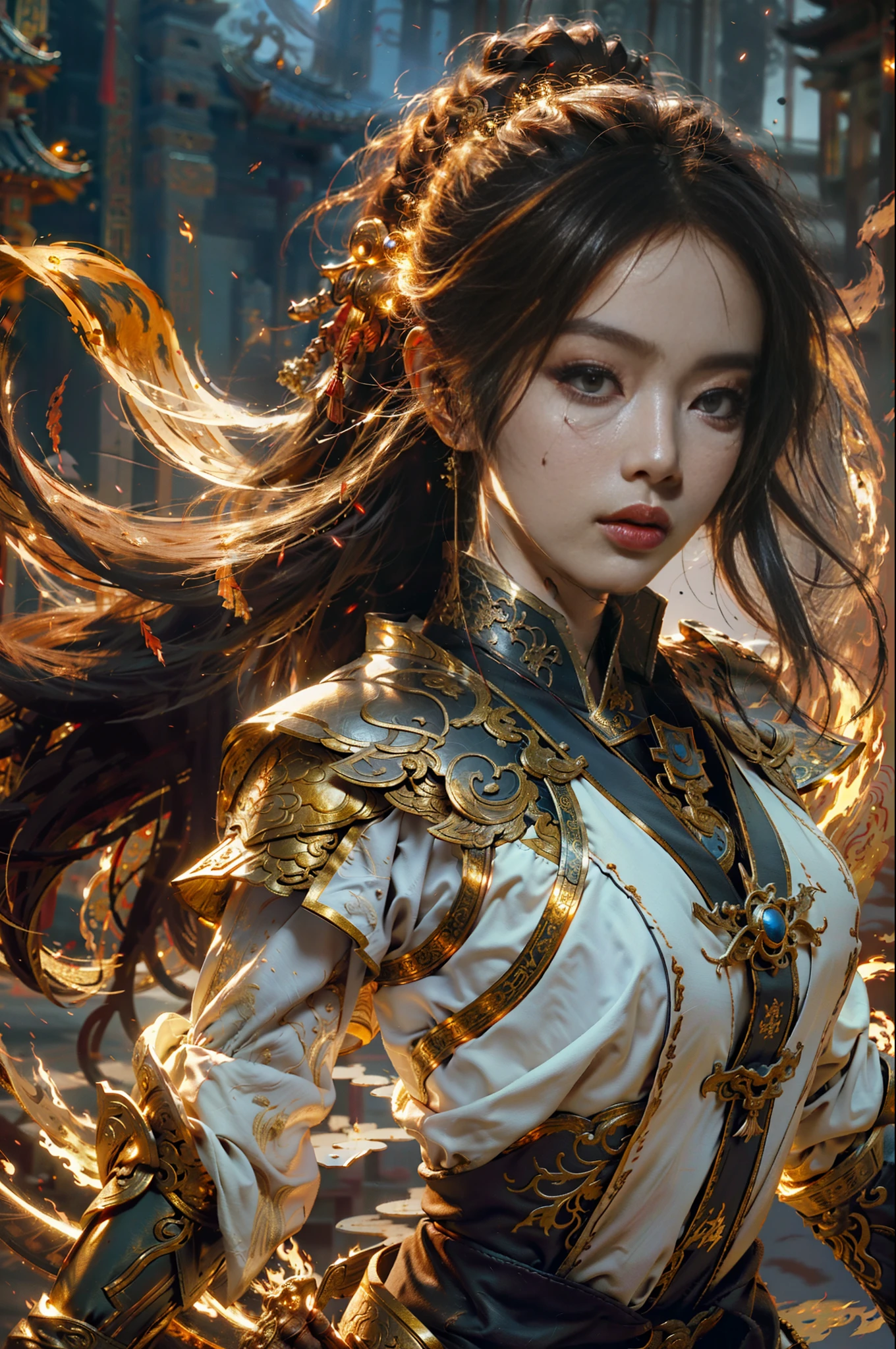 Best Quality, Masterpiece, Ultra High Resolution, (Realism: 1.4), Original Photo, 1Girl, Complex Textures, Gorgeous Armor, Chinese Weapon, Floating Sword, Fire, Light, Serious Expression, Complex Background, Chinese Palace