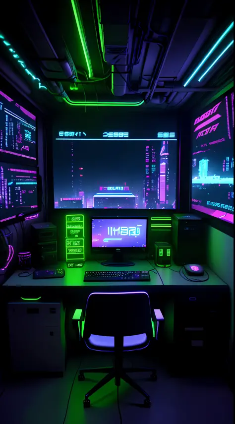 a dimly lit computer desk with multiple monitors and a keyboard, cyberpunk setting, cyber punk setting, cyber neon lighting, cyb...