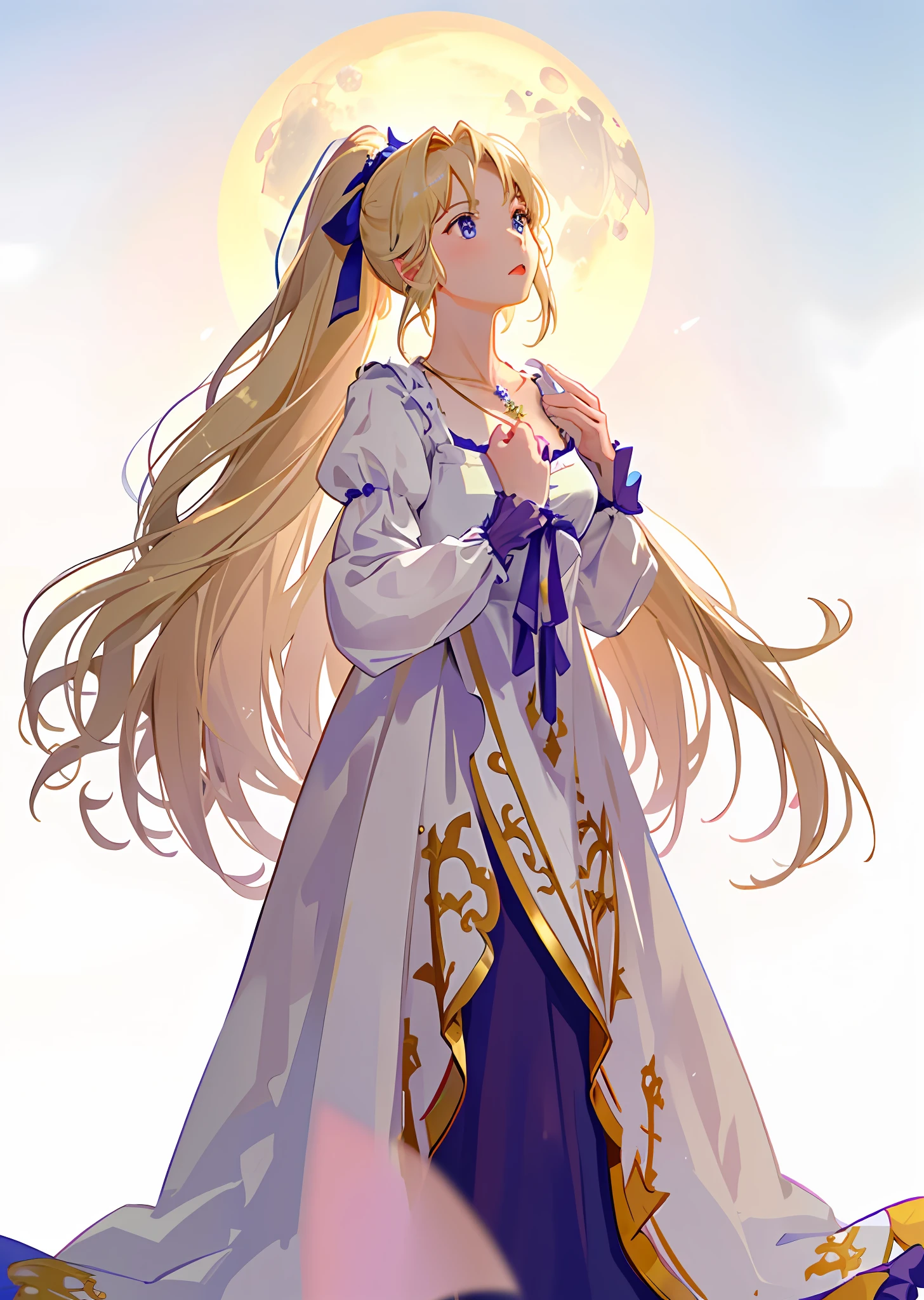 (masterpiece, best quality:1.2), intricate detail, 1girl, celes chere, mouth open, looking up, night sky, full moon, on top of castle, full body, one hand high up, the other hand on chest, blonde high ponytail, blue ribbon, pink gorgeous dress, necklace, accessory, medival,