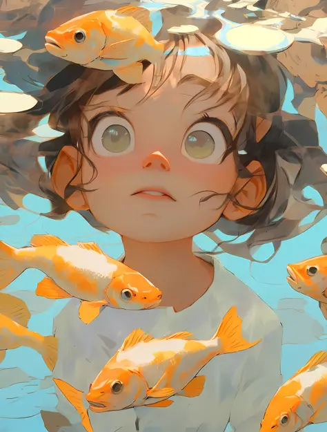 anime girl surrounded by fish in a pool of water, makoto shinkai cyril rolando, artwork in the style of guweiz, detailed digital...