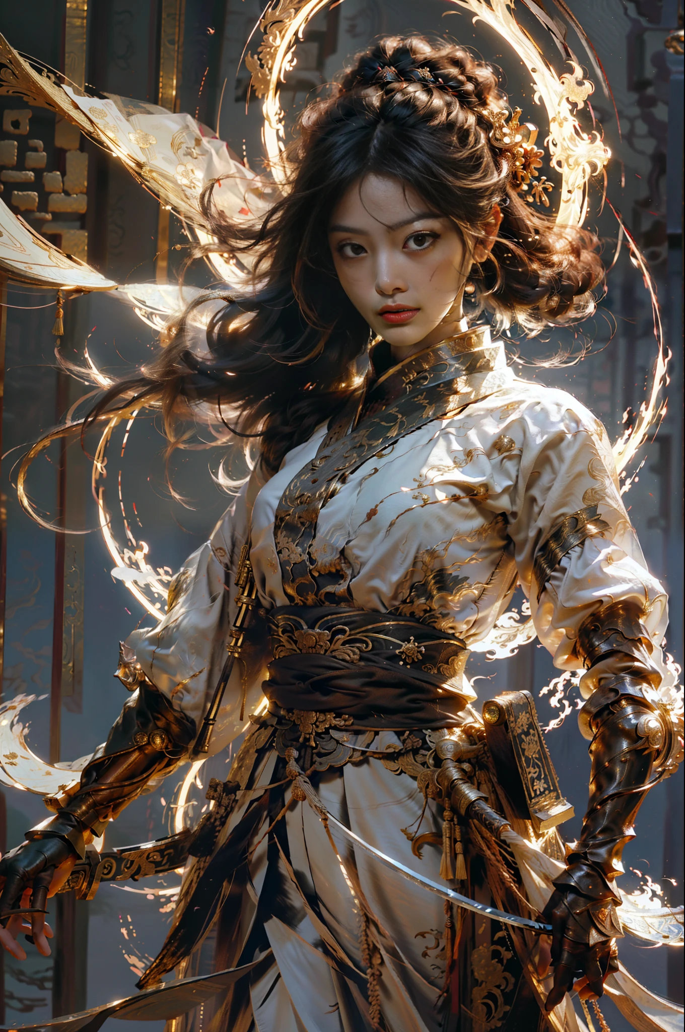 Best Quality, Masterpiece, Ultra High Resolution, (Realism: 1.4), Original Photo, 1Girl, Perfect Face, Delicate Facial Features, Perfect Hands, Delicate Eyelashes, Delicate Eyes, Complex Textures, Gorgeous Armor, Chinese Weapon, Floating Sword, Flame, Light, Serious Expression, Complex Background, Chinese Palace