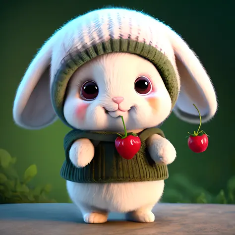 : 3. rabbit, realistic, hairy, clothed animal, apple, dark circles, blush, cherry, food, fruit, full body, hat, non-human, straw...