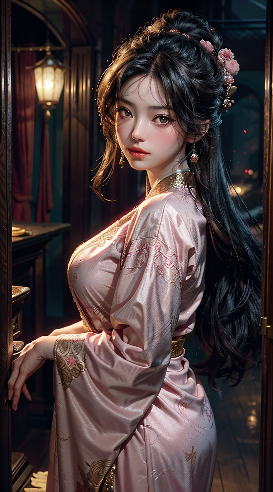 The art depicts a charming woman dressed in a flowing, silky traditional oriental dress, pink, decorated with intricate patterns and bright colors. Her dress drapes elegantly over her curvy figure, accentuating her seductive silhouette. She stood gracefully in the quiet moonlit night, bathed in the soft glow of the moonlight. The scene exudes an ethereal and dreamy atmosphere, with a touch of mystery and sexiness. The graphic style blends watercolor and digital illustration techniques to evoke a refined beauty and charm. The lights are filled with soft moonlight, casting soft highlights and shadows on her charming features.