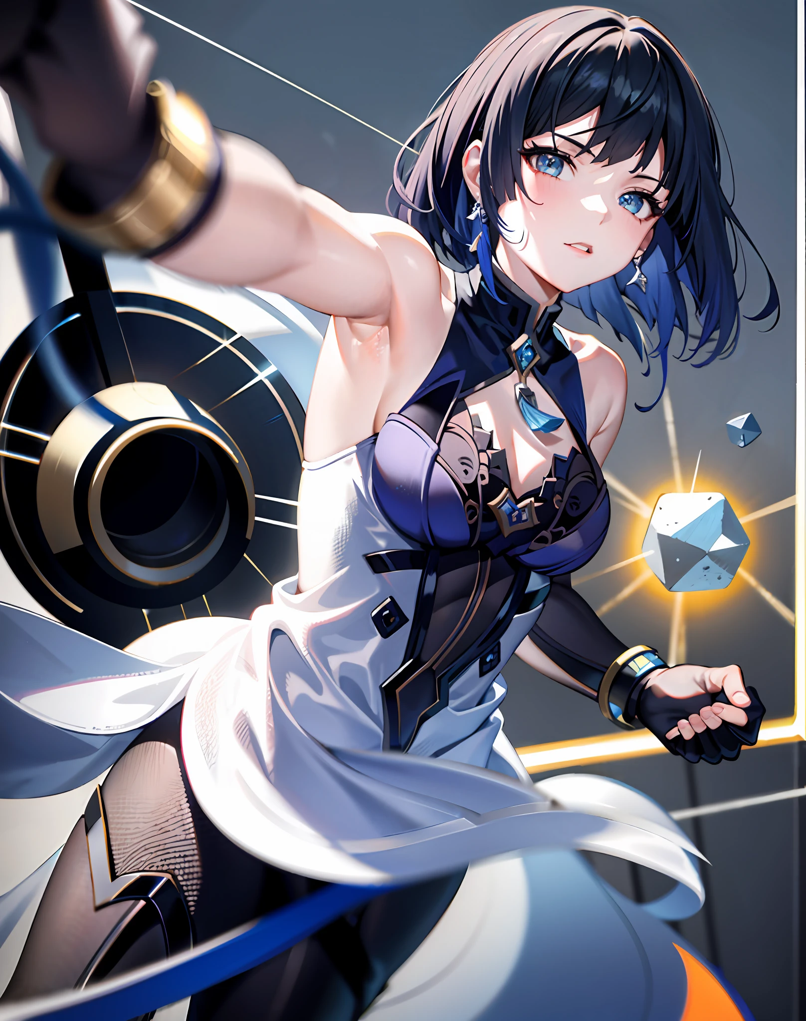 1girl, (solo:1.2), ((masterpiece)), (shadow), [slim], (small breasts), ((sharp focus)), pale skin, ((detailed eyes)), (blurry background), (dynamic angle), dynamic pose, gradient hair, yelandef armpits