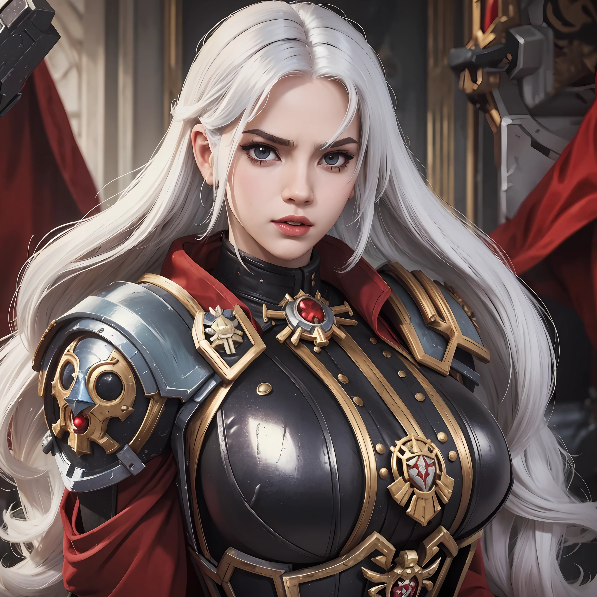 ((masterpiece, best quality)), huge resolution, sister of battle, white hair styled in loose waves, (warhammer 40k:1.1), (black power armor:1.1), purity seals, sexual expression, (grimdark style:1.1), red robes, breast enhancements, cleavage focus,