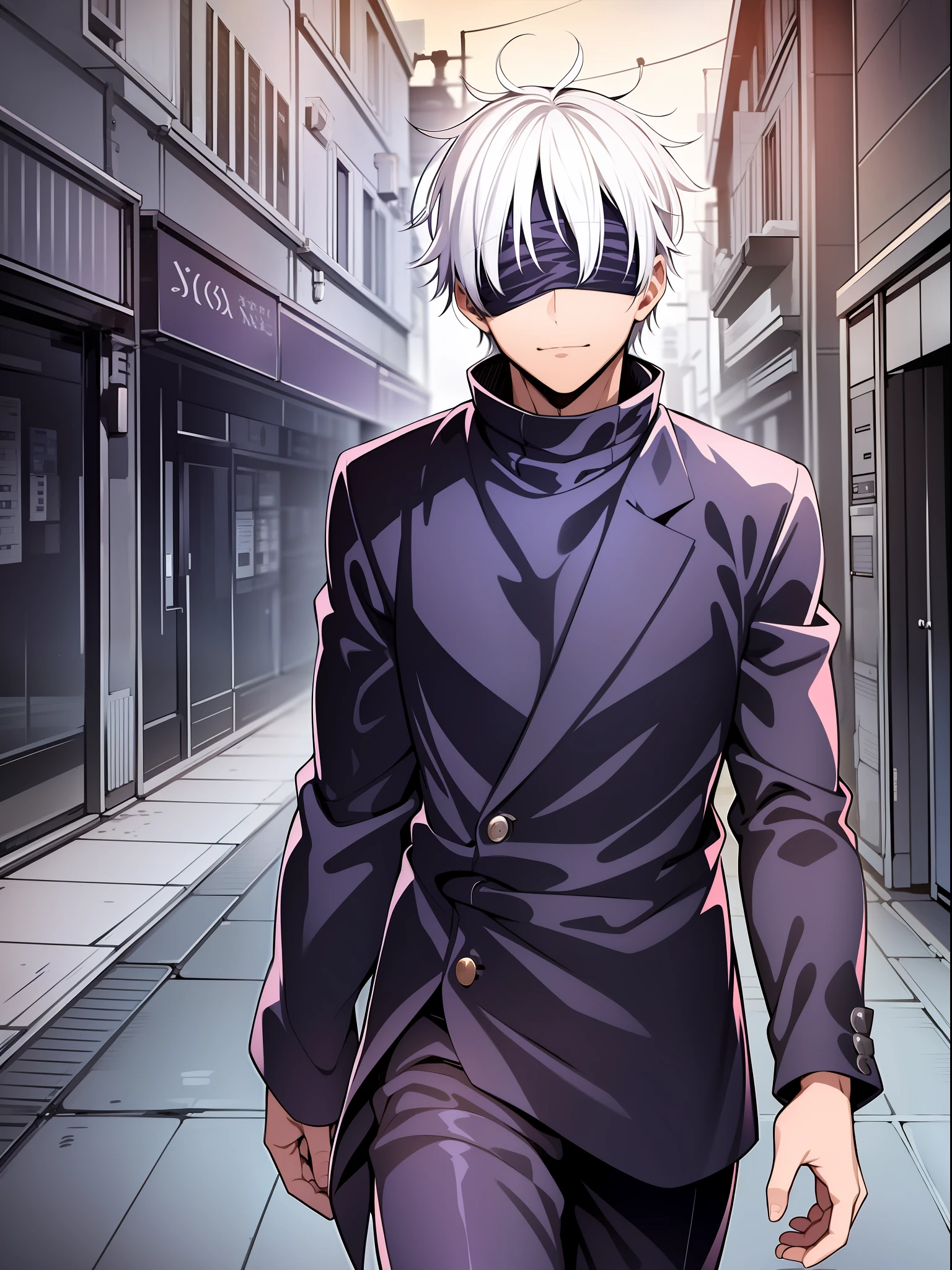 1boy, Saturated Gojo walking, white hair up, blue eyes, wearing a black blindfold, nice environment, super detailed, high quality