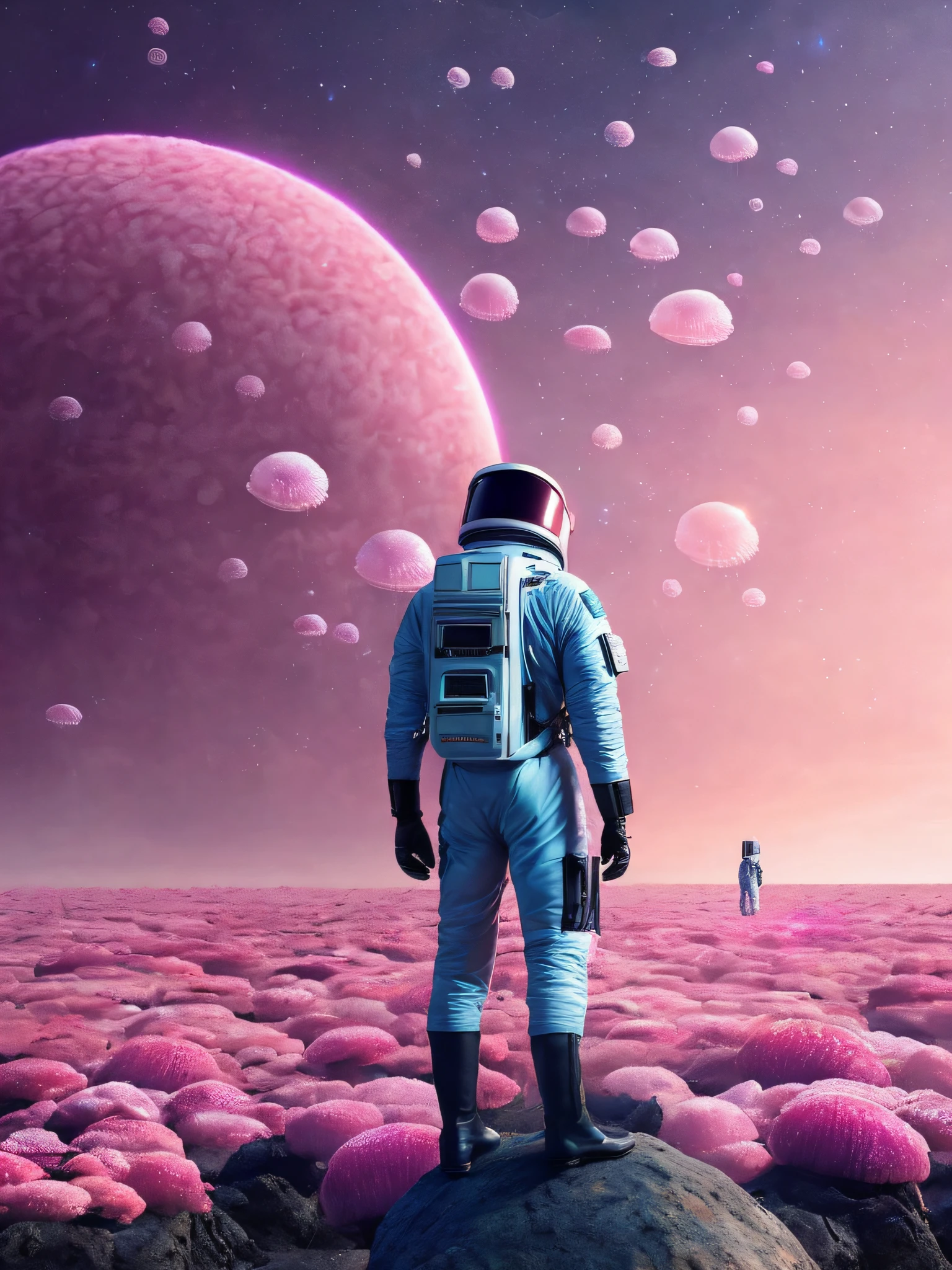 A man in a spacesuit standing on a rock, detailed depiction, the ground is pink coral texture, the sky is floating with jellyfish, the picture is full of science fiction, romance and incredulous, the background is pink sky