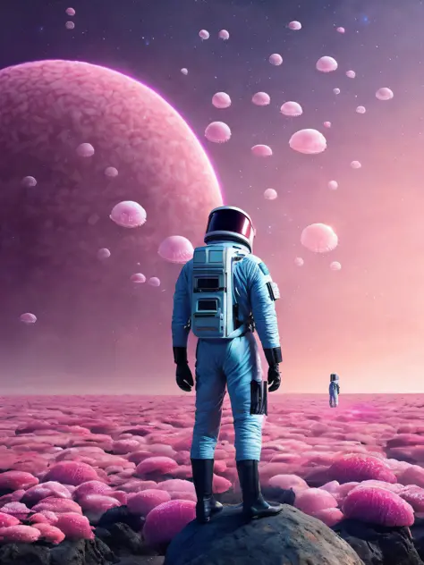 a man in a spacesuit standing on a rock, detailed depiction, the ground is pink coral texture, the sky is floating with jellyfis...