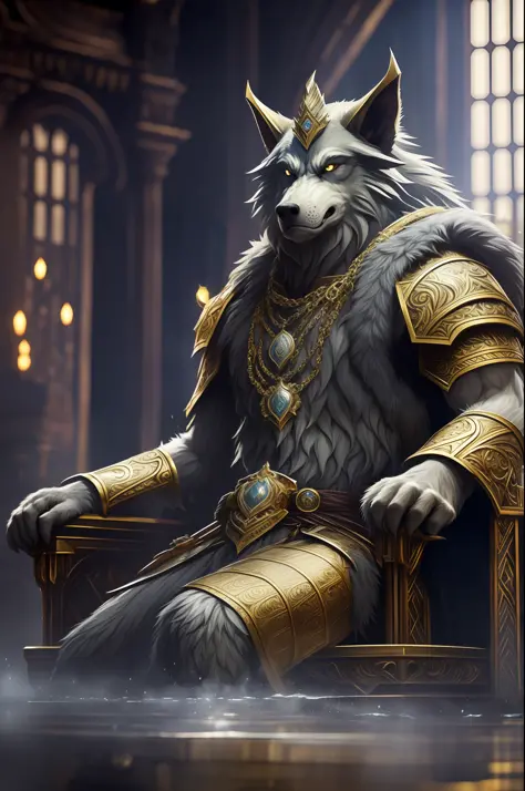 an old Werewolf king sitting on the throne in the heart of The City of Glas, throne is A very humid place full of puddles and leaks, regal, intimidating, ornate armor, regal crown, blurry_background, natural lighting, short twintails hair, looking_at_viewe...