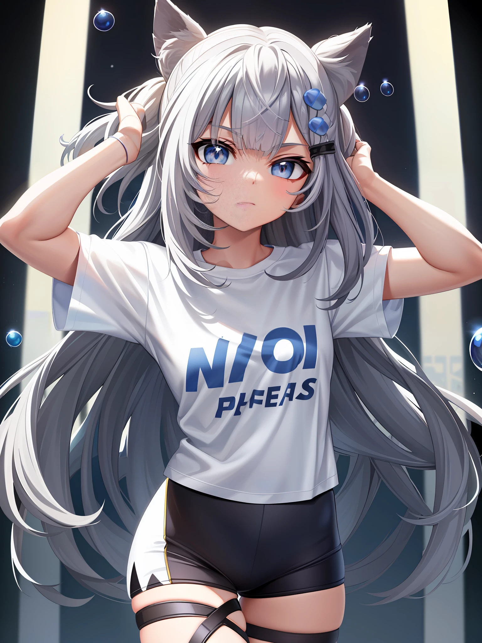 (masterpiece, best quality: 1.2), cowboy shot, solo, 1 girl, zeta vestia, virtual youtuber, serious, looking at viewer, headband, hair ornament, single thigh, thigh strap, A stylish space background one man design full of bubbles fluffy feeling summer sports T-hug space background Cyberpunk ((white sea blue: 1.3) + (fashion: 1.1) + (trendy: 1.2)), (puma logo ), (crown rendering), ((summer sports t-hu concept + concept art design): 1.3), (8K: 1.3), (2:3 aspect ratio + Q2 warm color), (750 pixels) , ((fashion elements) :( 1.1+ Navy white t-shirt combined with fashion elements)), (Dynamic: 5)