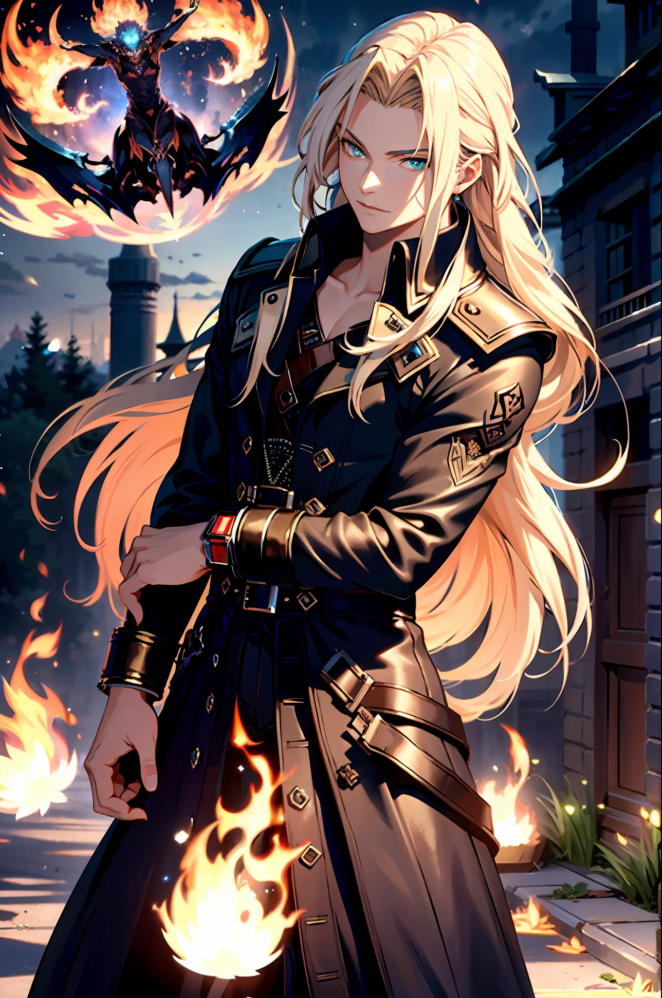 (best quality), (masterpiece), (realistic,) (photo-realistic), ultra-detailed, front,
1boy, standing, (looking at the viewer),
Sephiroth (Final Fantasy) merged with Alucard (castlevania simphony of the night), holding sword,
dark theme, 
village,(fire scene: 1.4),(fire: 1.4),(conflagration:1.3),
professional lighting, photon mapping, physics-based rendering,