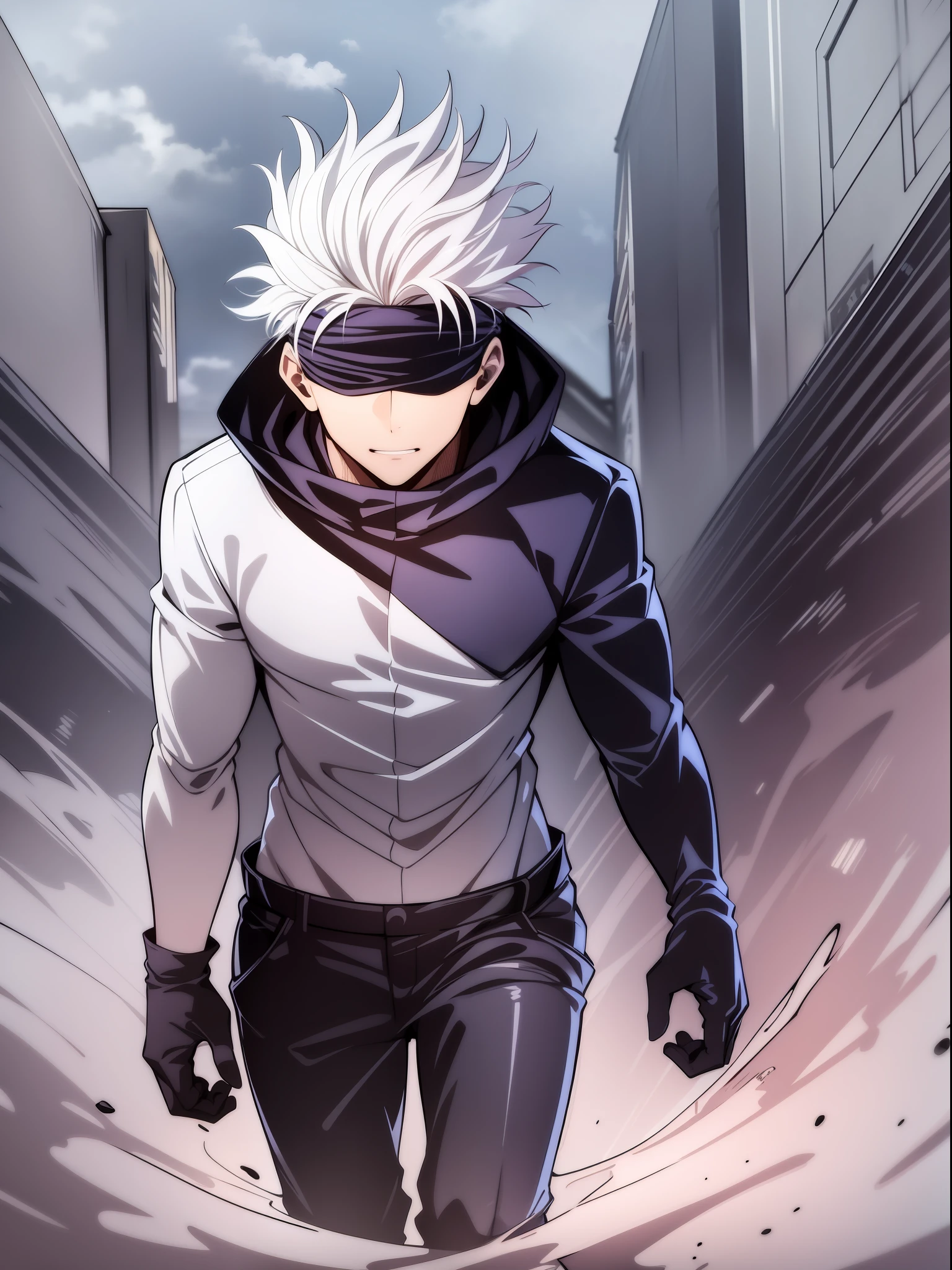 1boy, Saturated Gojo walking, white hair goosebumps, blue eyes, wearing a black blindfold, nice environment, super detailed, high quality