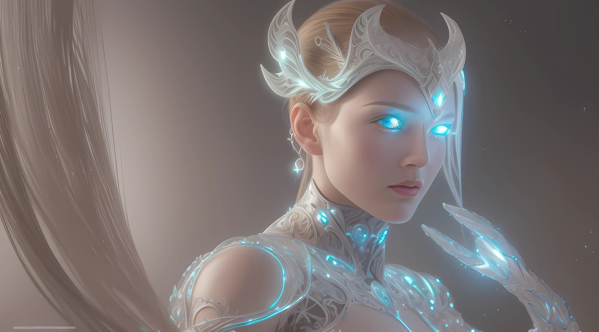 Organic cyborg, white plastic, diffuse lighting, luminous ornaments, light reflection, fantasy, intricate, elegant, highly detailed, realistic, realistic, digital painting, art station, illustration, concept art, smooth, sharp focus, art by John Collier and Albert Obright and Krenz Kusart and Artem Demura